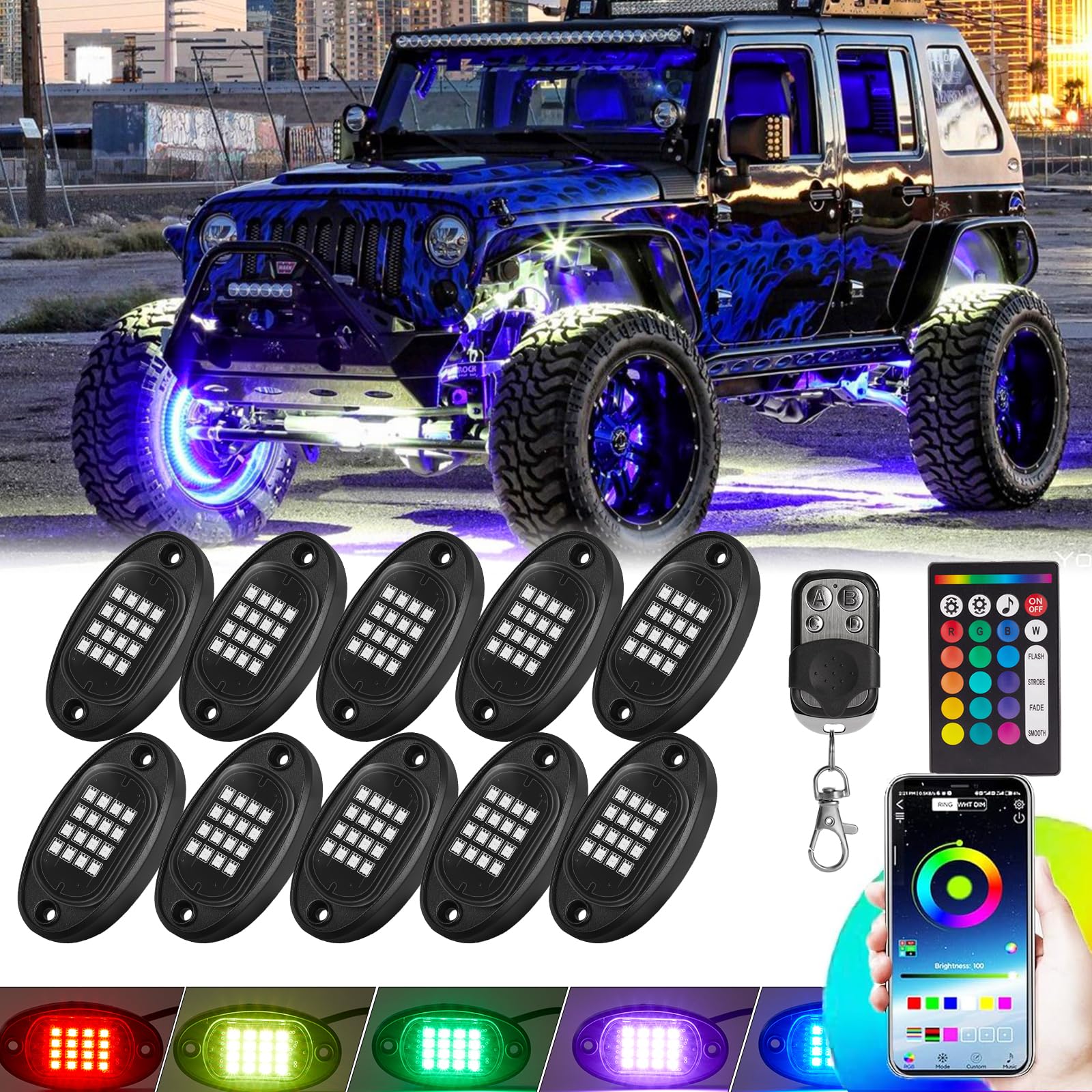 10 Pods Rgb Led Rock Lights For Truck Atv Utv Golf Cart Offroad Rzr Pickup Suv, Waterproof Multicolor Underglow Kit For Cars Wit