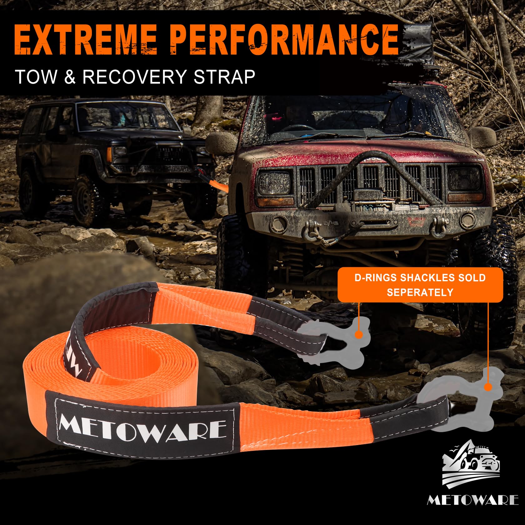 Metoware Tow Strap 3''    30Ft Recovery Strap, Heavy Duty Tow Straps With 35,000 Lb Capacity, Triple Reinforced Loop Straps, Eme