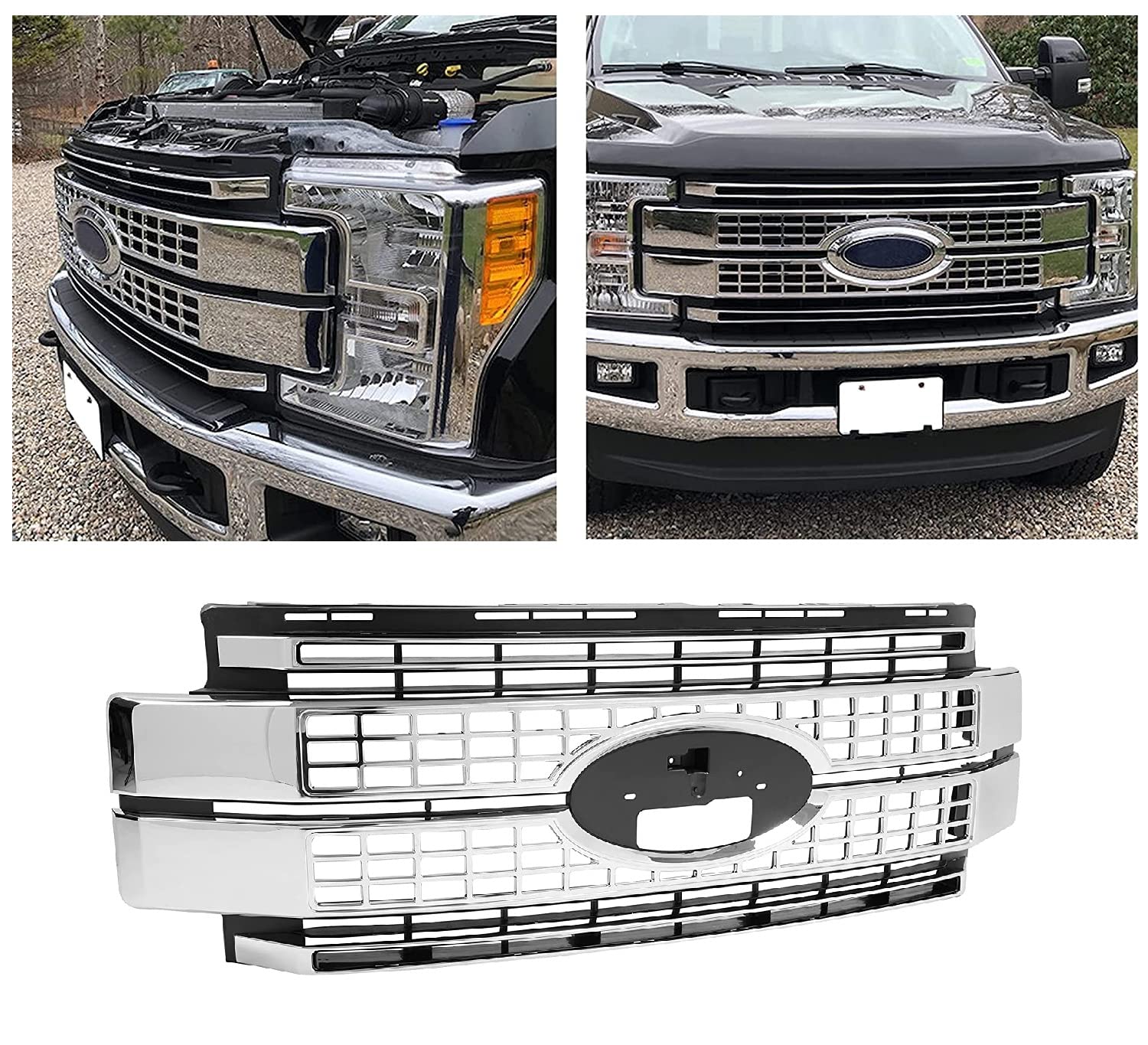 Ecotric Front Bumper Hood Grille Grill Compatible With 2017 2018 2019 Ford F250 F350 F450 Super Duty Chrome (Not Only Overlay)