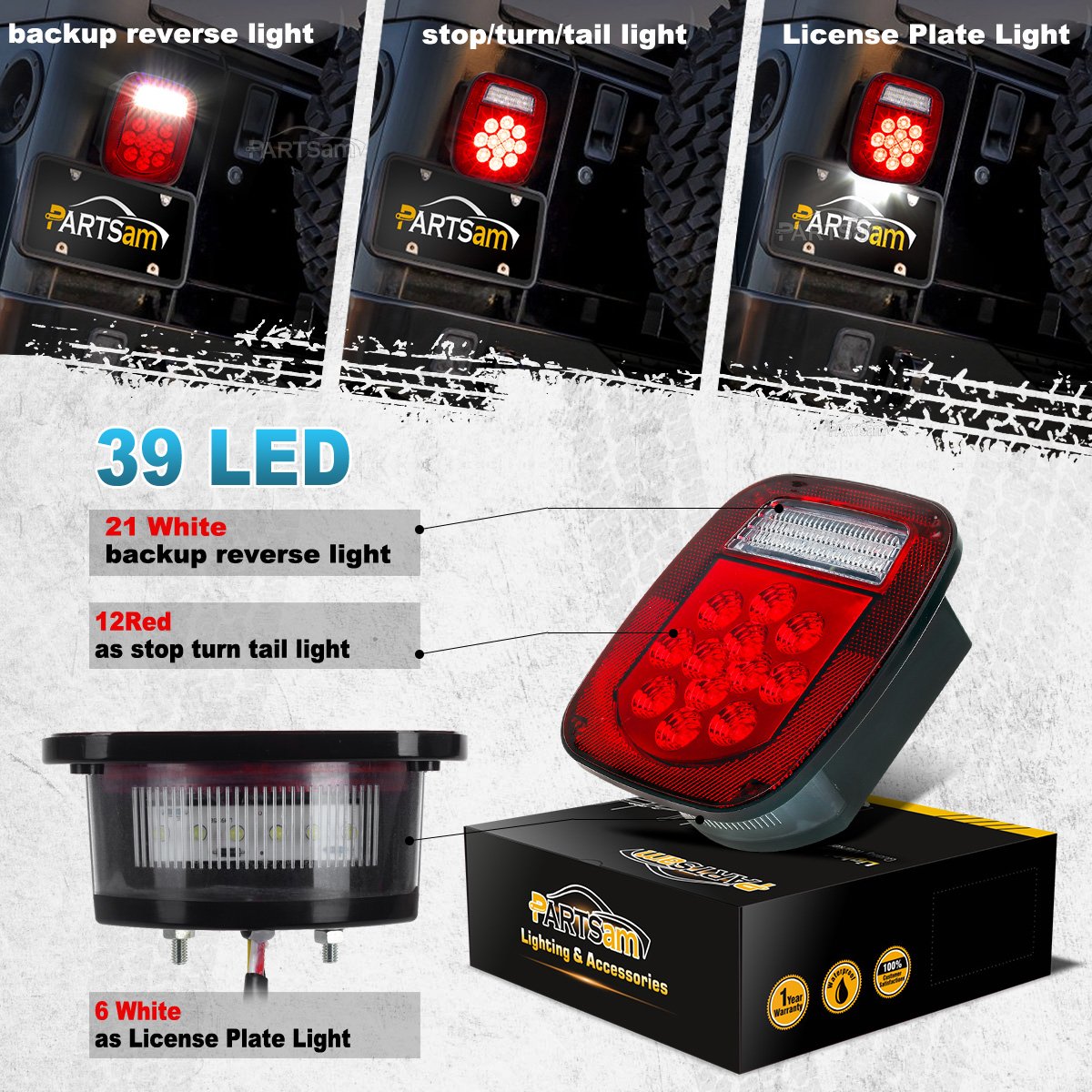 Partsam 2X Red/White 39 Led Stop Turn Tail Stud Lights Replacement For Jeep Cj Yj Jk Truck Trailer Boat Rv, Hardwired