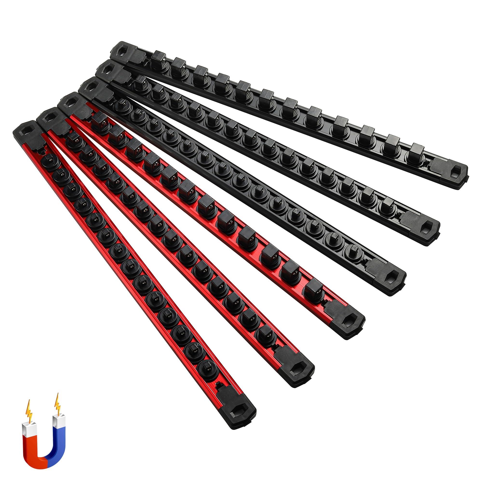 ALOANES 6-Piece Magnetic Socket Organizer, Heavy Duty Aluminum Rails With 360 Swivel Clips Holder Kit for Tool Box, 1/2, 3/8, 1/