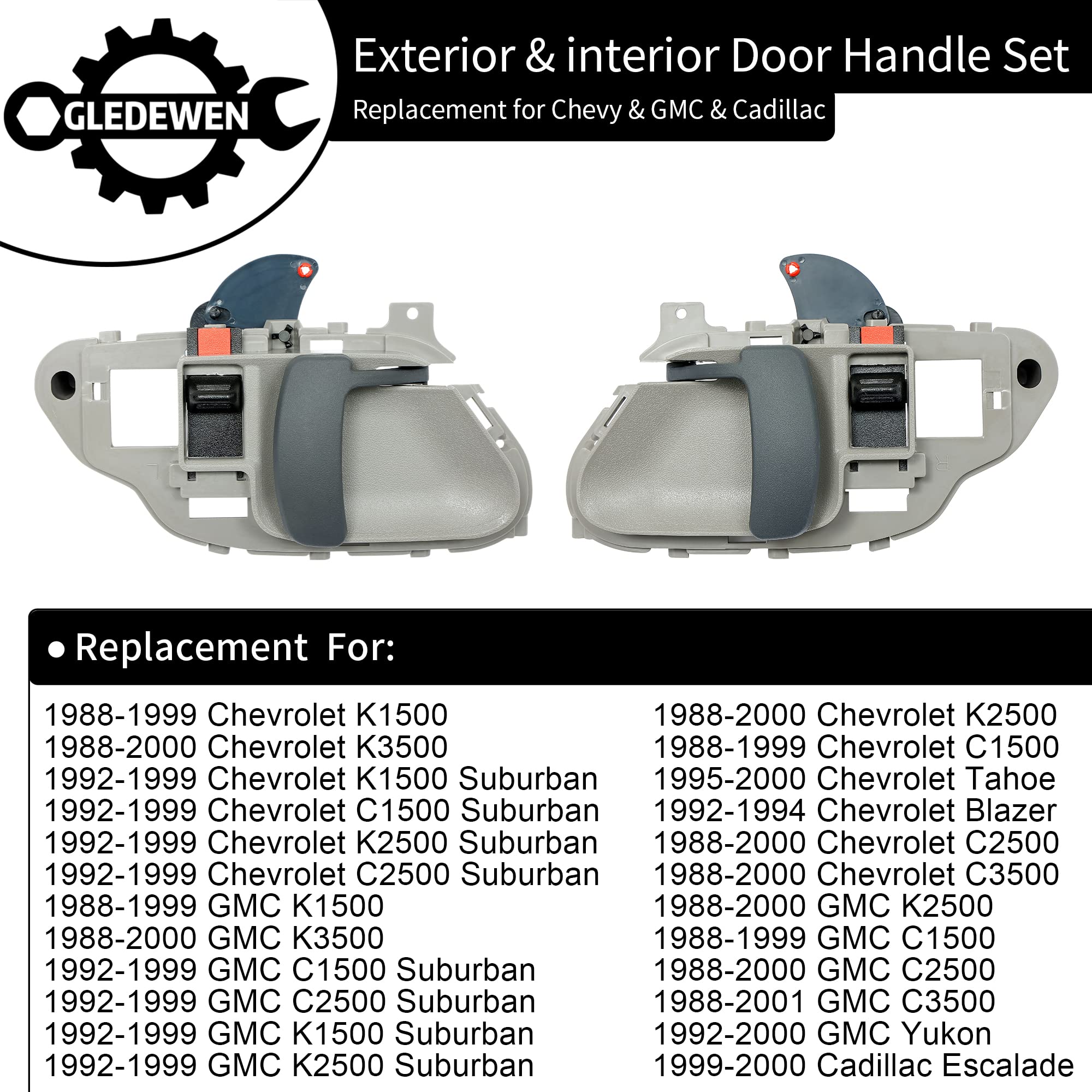 Door Handle Set Metal Exterior & Interior, Compatible with 1988-2001 Chevy K1500 K2500 K3500 C1500 C2500 C3500, GMC C/K 1500 250