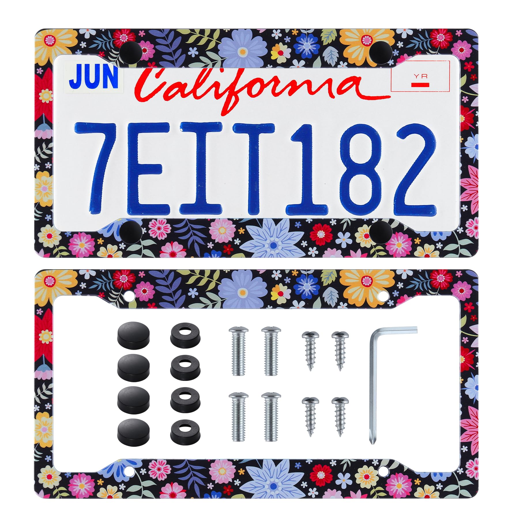 Alpmosn 2Pcs Colorful Floral License Plate Frames, 4 Holes Flowers Car License Plate Cover With Screw Washers And Cap, Car Exter
