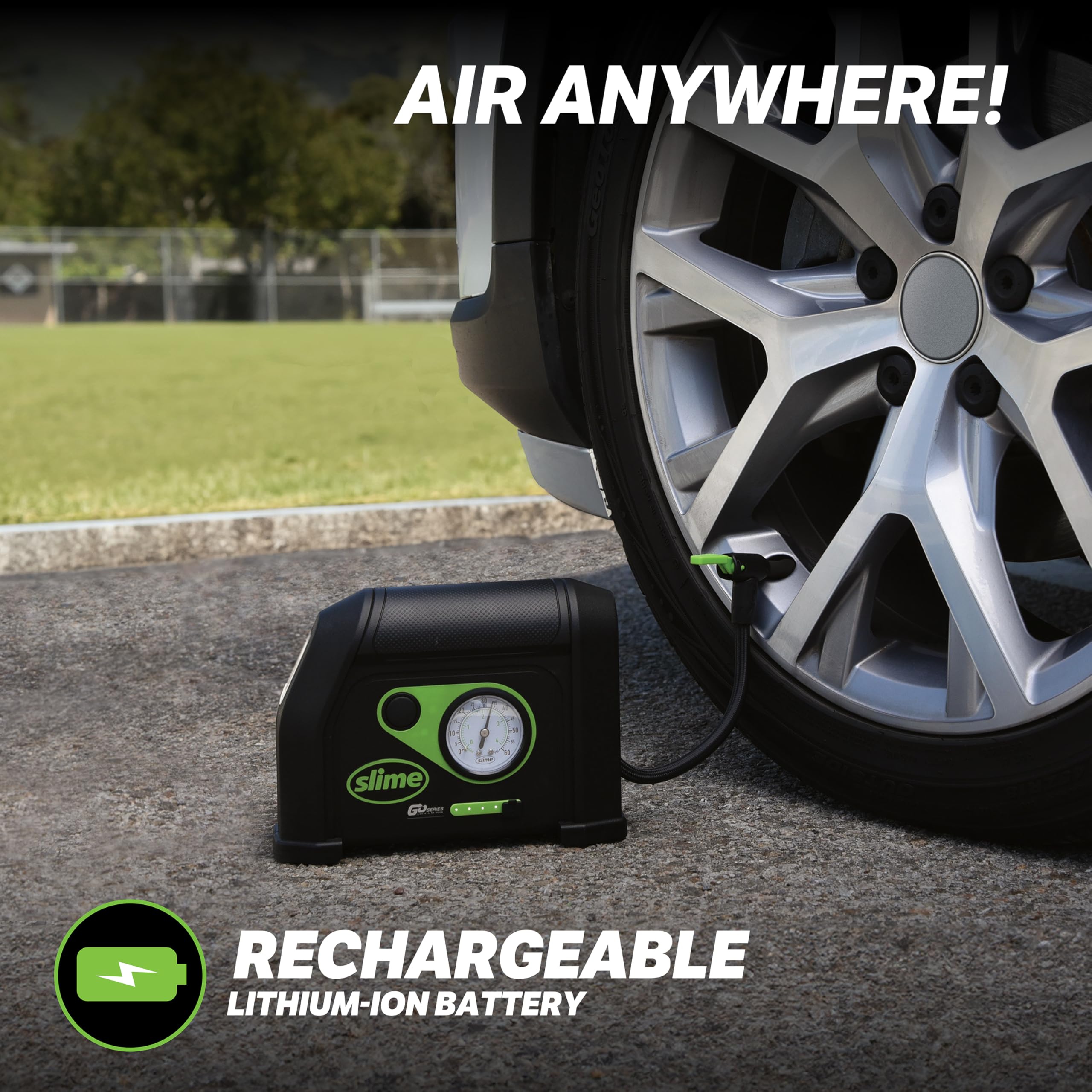 Slime 40084 Tire Inflator, Cordless, Portable Air Compressor Pump, Lithium Ion Battery and LED Light, Rechargeable, 8 min Inflat