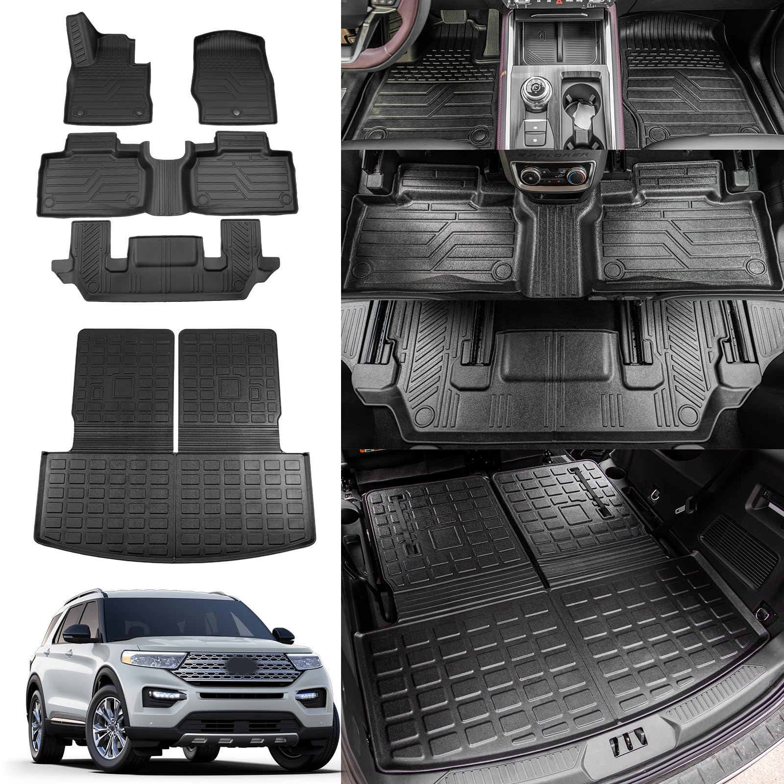 Rongtaod Floor Mats Compatible With 2020-2025 Ford Explorer 6 Seats Captain Chairs Trunk Liner Cargo Liner Cargo Mat Back Seat C