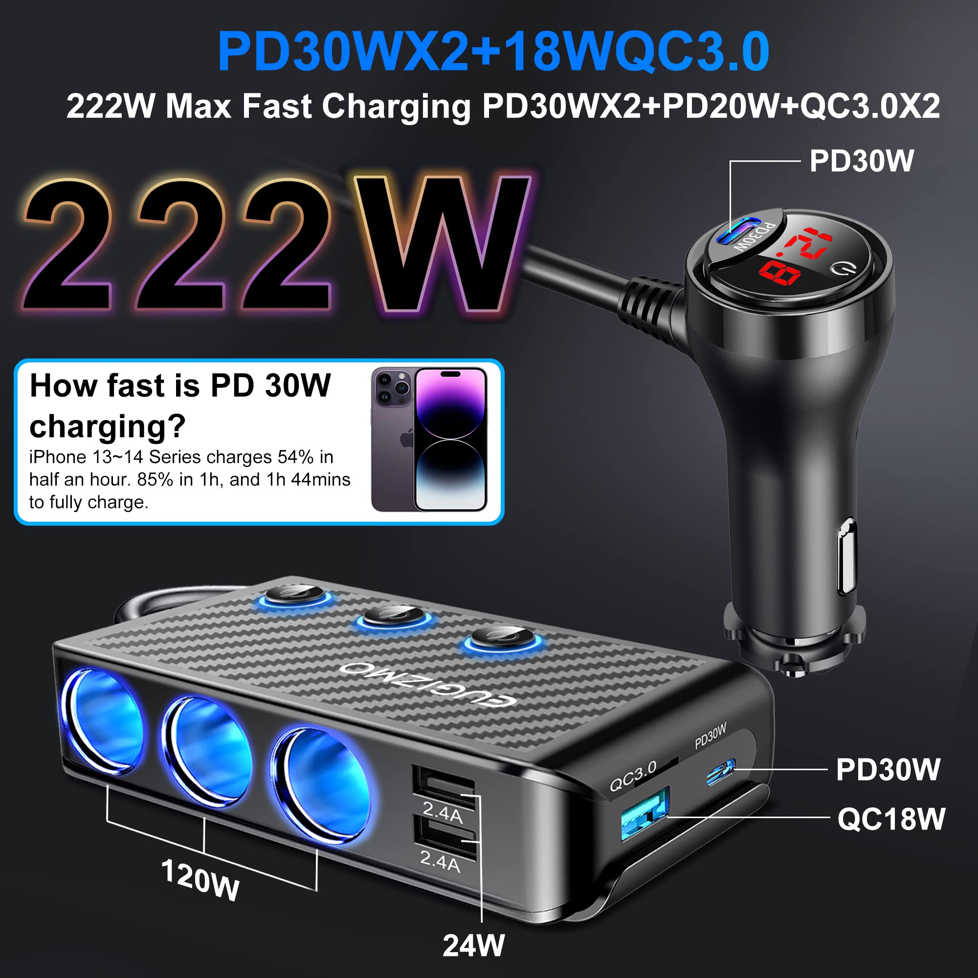 EUGIZMO Cigarette Lighter Splitter Adapter, 222W 3 Socket Car Cigarette Lighter Plug Splitter USB Charger Multi Port 12V Car Plu