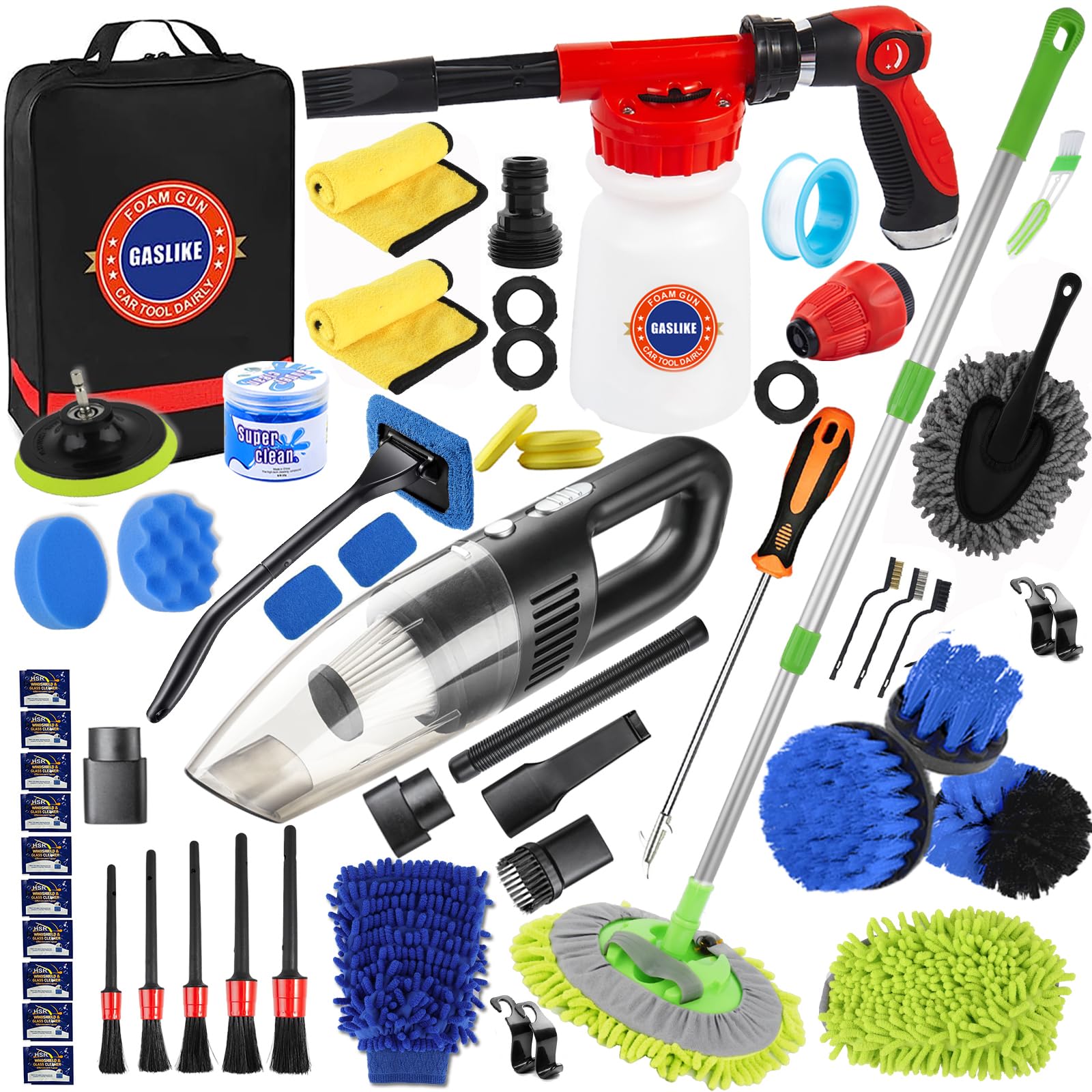 Gaslike 63Pcs Car Wash Cleaning Kit,Car Wash Brush With Long Handle,Car Detailing Kit With Foam Gun,Car Cleaning Supplies,Handhe