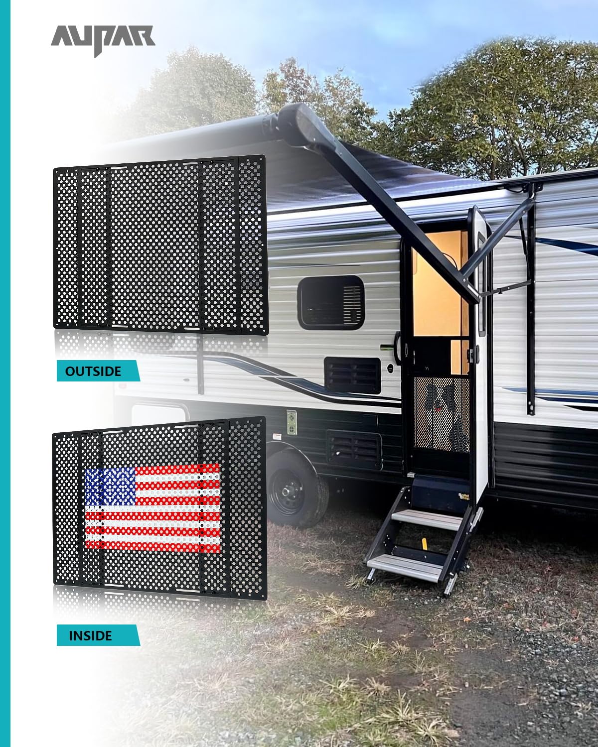 Aupar Aluminum Alloy RV Entry Screen Door Grille Adjusts from 22- 31.5, Adjustable RV Door Screen Protector, Flag