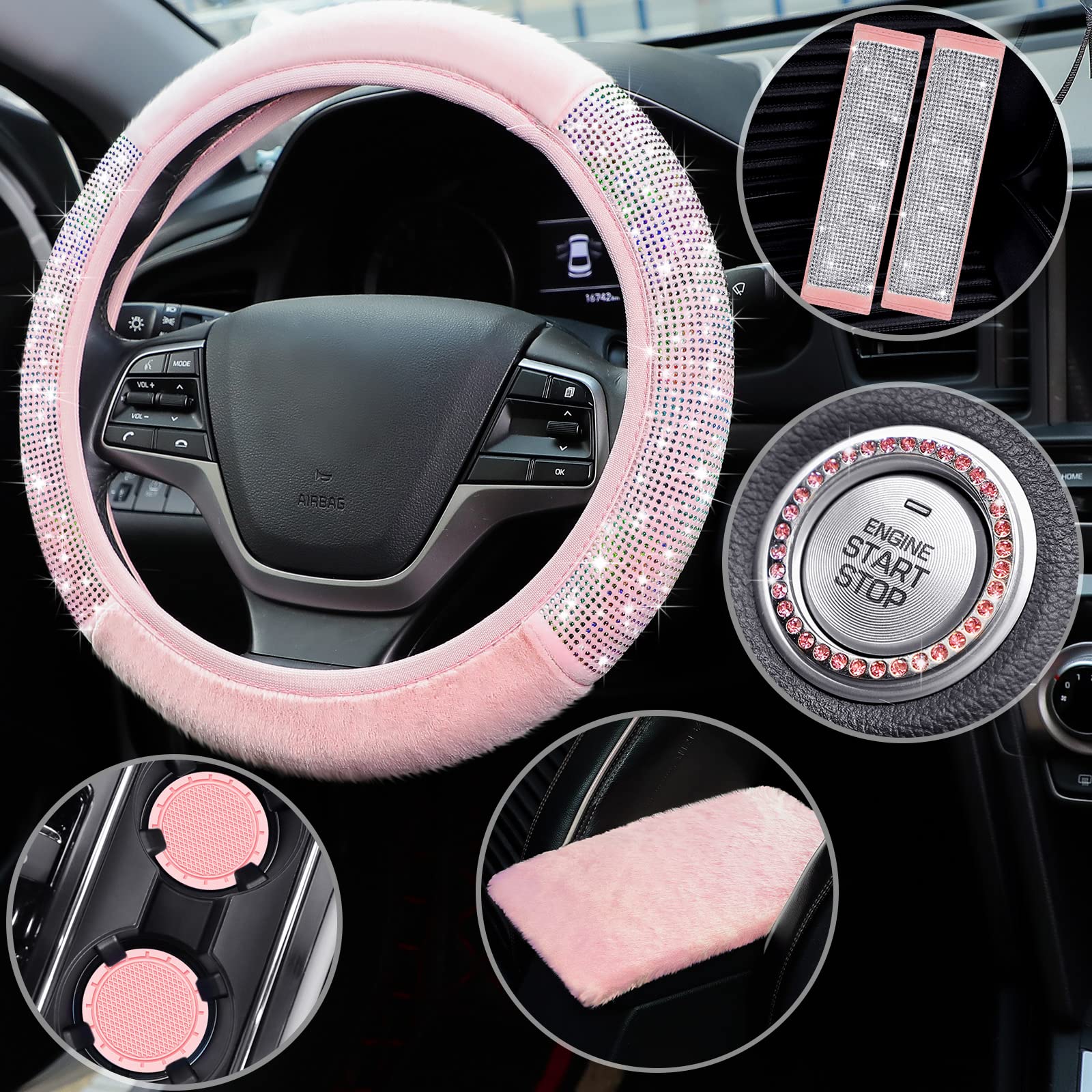 7 Pcs Pink Bling Pink Steering Wheel Cover Set Fluffy Car Accessories For Women Includes Rhinestone Seat Belt Covers And 2.75 Inch Bling Car Cup Holders Fuzz Gear Shift Cover Crystal Push Start Button