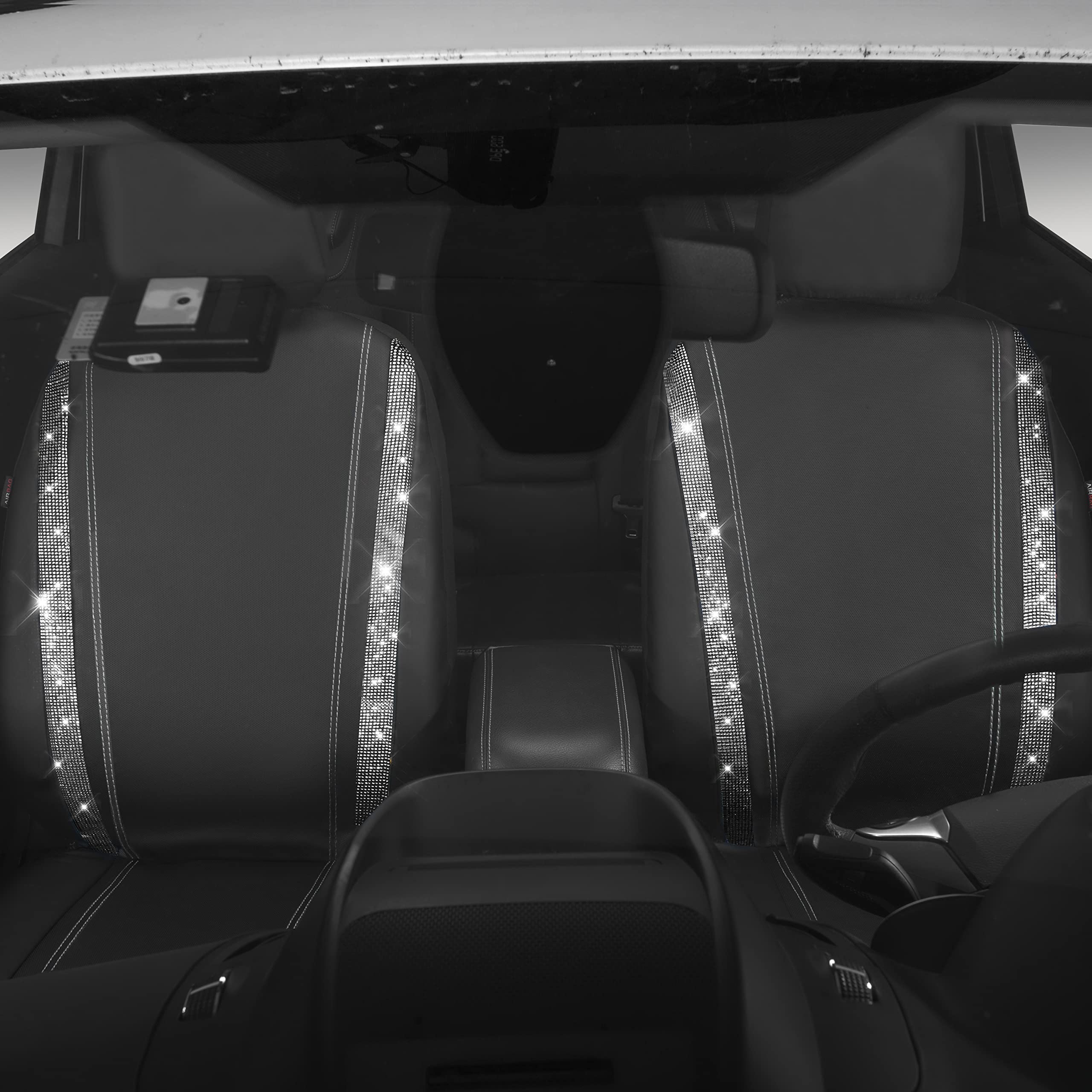Car Pass Leather Diamond Bling Car Seat Cover 2 Front Interior Sets, Waterproof Universal Shining Glitter Crystal Sparkle Fit For 95% Automotive Truck Suv Cute Women Girl, Black Silver Rhinestone