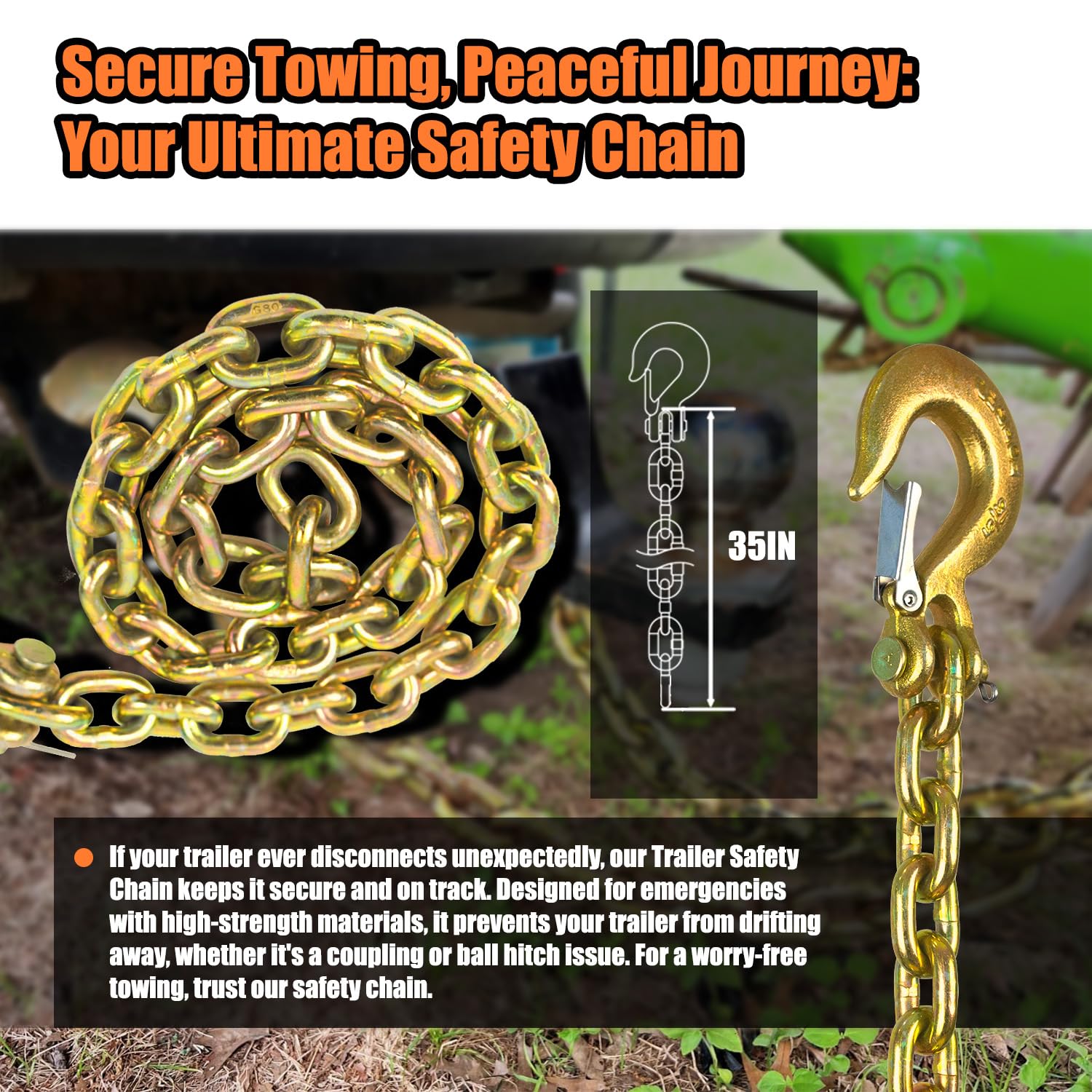 2-Pack Grade 80 Trailer Safety Chain 36 Inch with 5/16'' Clevis Snap Hook Heavy-Duty Transport Chain WLL 21,000 lbs for Towing