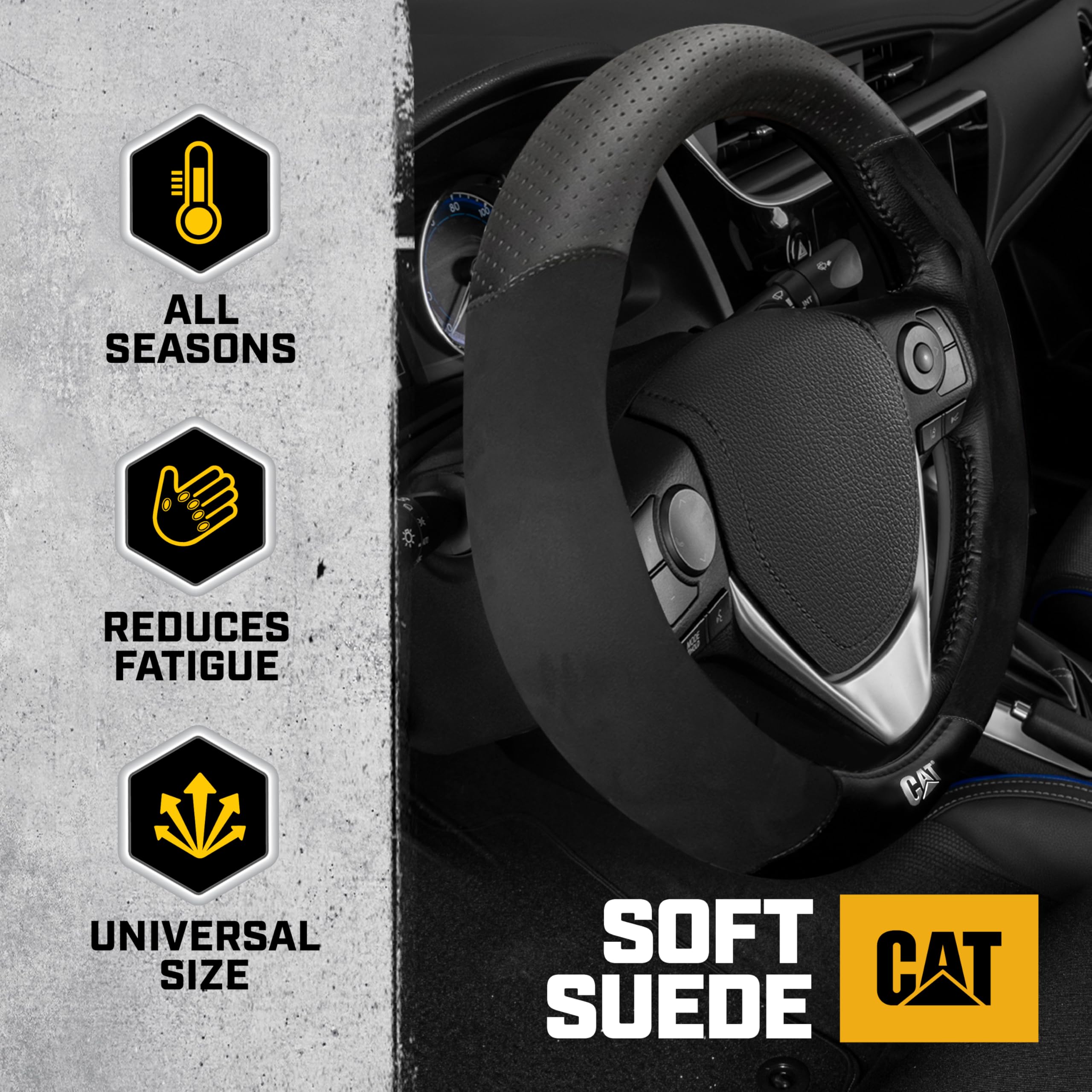 Cat Steering Wheel Cover - Suede/PU Leather Black/Gray with Chrome Logo, 14.5-15 inch - Durable and Comfortable with Advanced Gr