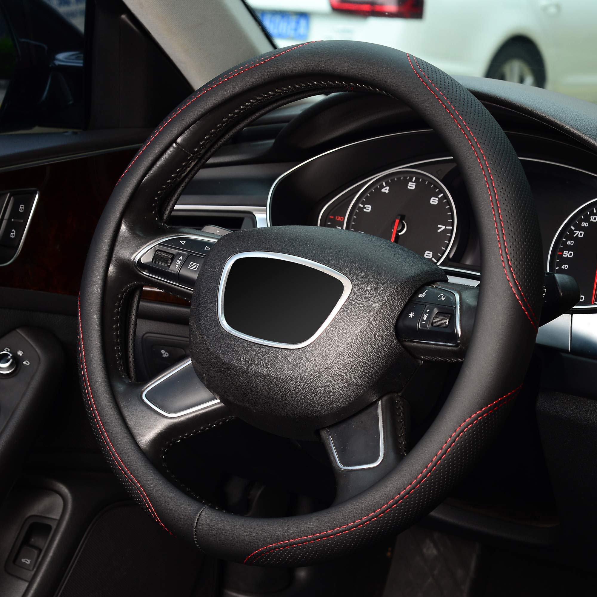 Kafeek Microfiber Leather Steering Wheel Cover, Universal 15 Inch, Red Lines