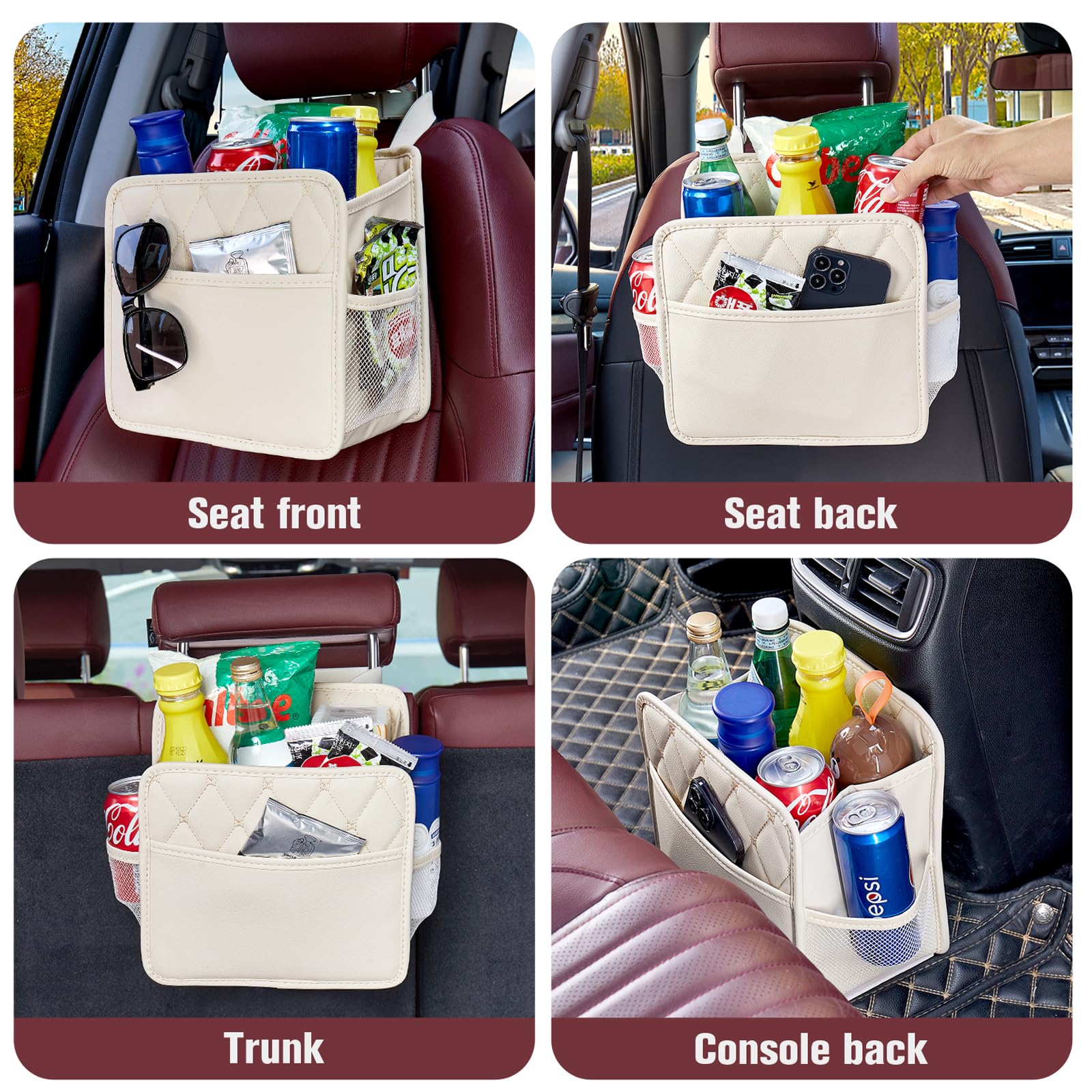 Lxunyi Universal Multifunctional Large Hanging Car Organizer - Beige, Foldable, Leather With Cup Holders, Back Seat Storage Bag