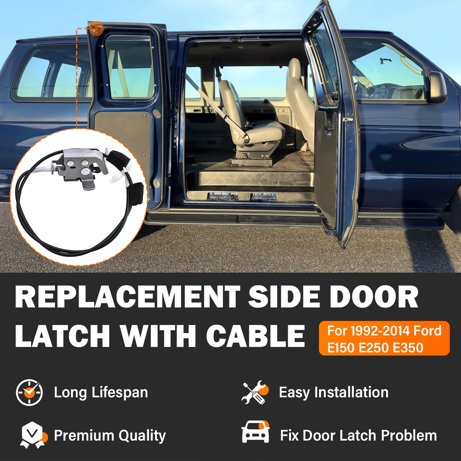 Side Door Latch Cable Compatible With 1992-2014 Ford E150 E250 E350 Econoline Van Right Passenger Side Rear Door Upper Latch And