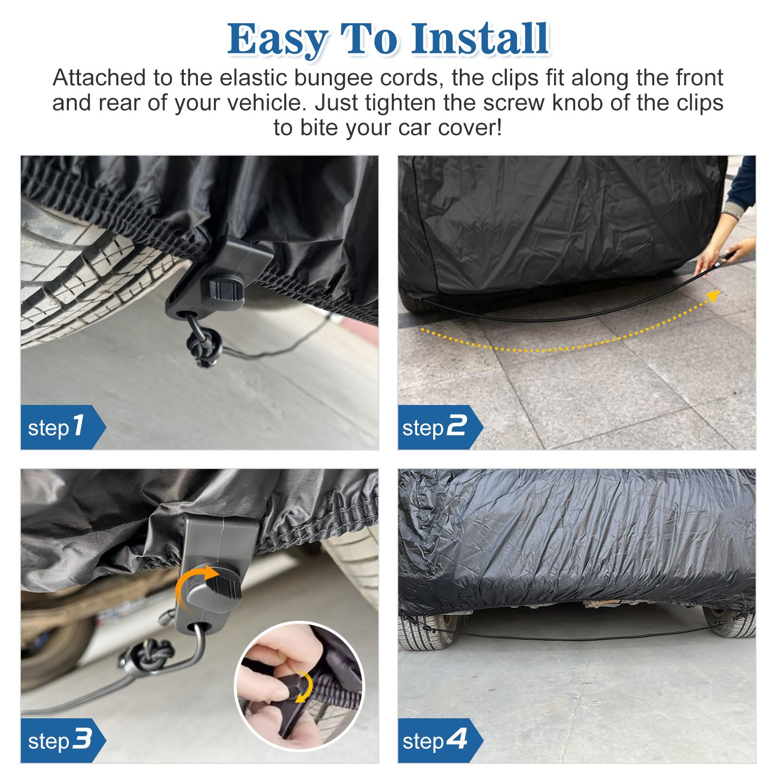 Beterny 4Pcs 50 Inch Car Cover Gust Straps, Heavy Duty Wind Protector Bungee Cords Hook Clips Kit Fit For Most Cars, Sedans, Suv