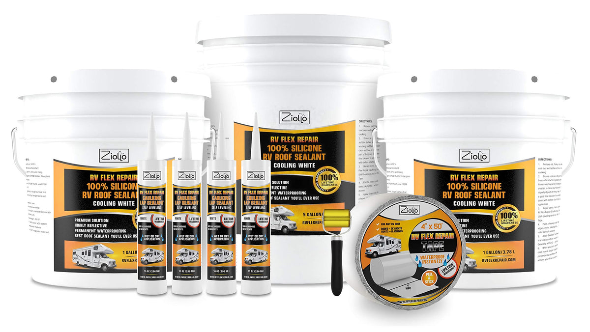 Ziollo Rv Flex Repair 100% Silicone Rv Roof Sealant Kit - Epdm Rubber Coating Kit To Waterproof Metal And Fiberglass On Motorhomes, Trailers, Campers (4 Tubes, 1 Tape, 2 1G Cans, And 1 5G Pail)