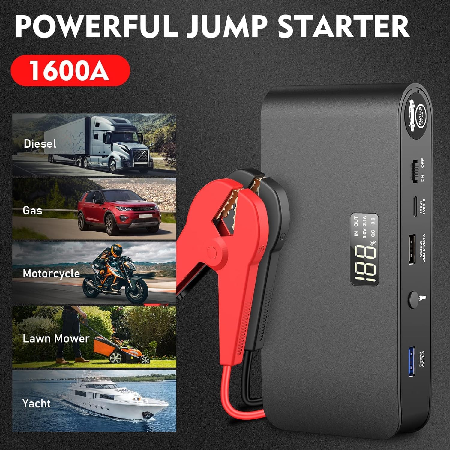1600A Battery Jump Starter 16000Mah Jump Pack 12V With Jumper Cables, Portable Battery Booster With Usb Qc 3.0 Wall Charger For