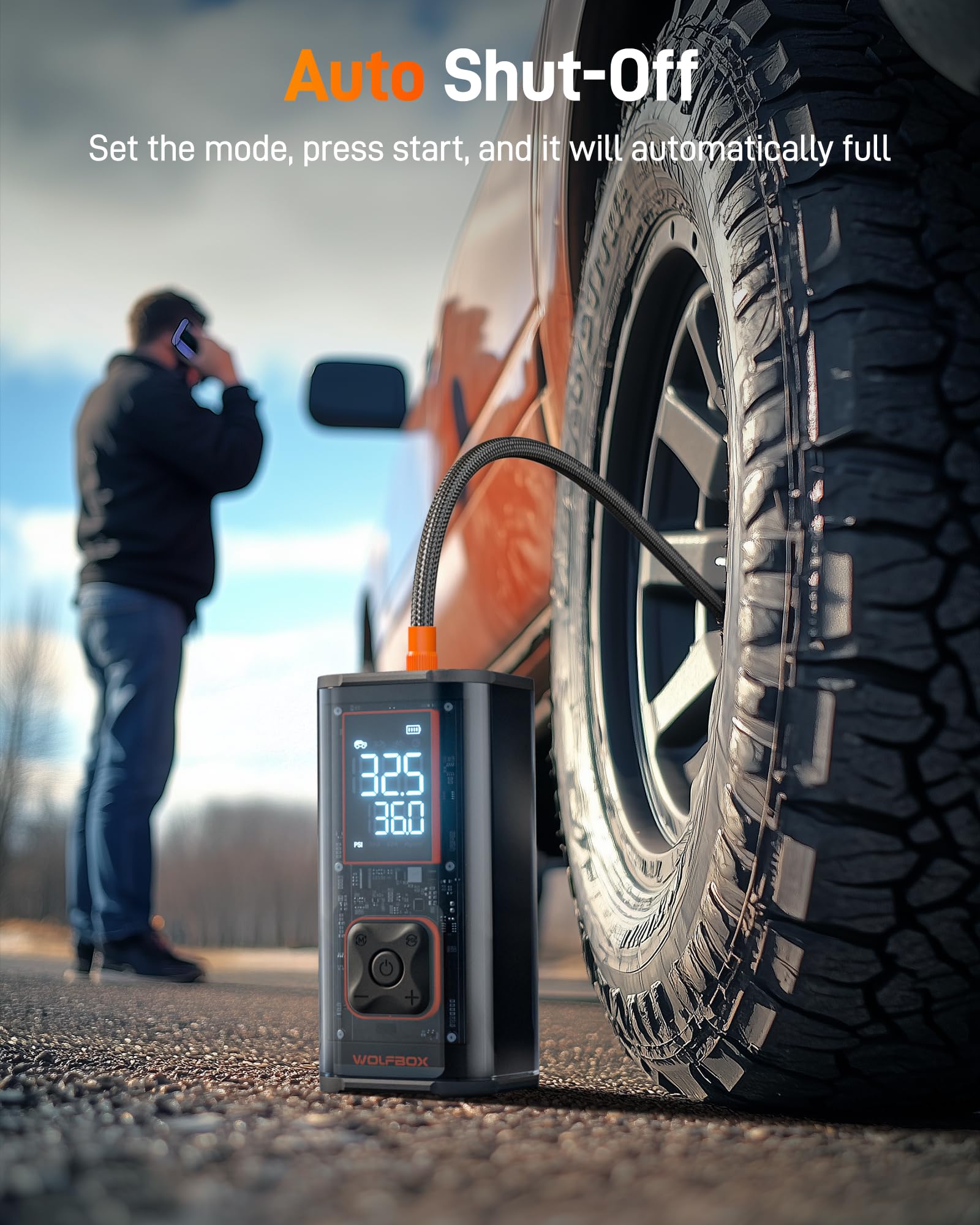 WOLFBOX 12000mAh&150PSI Heavy Duty Tire Inflator Portable Air Compressor,Double- cylinder 58LPM Fast Air Pump for Car Tires,3.5'