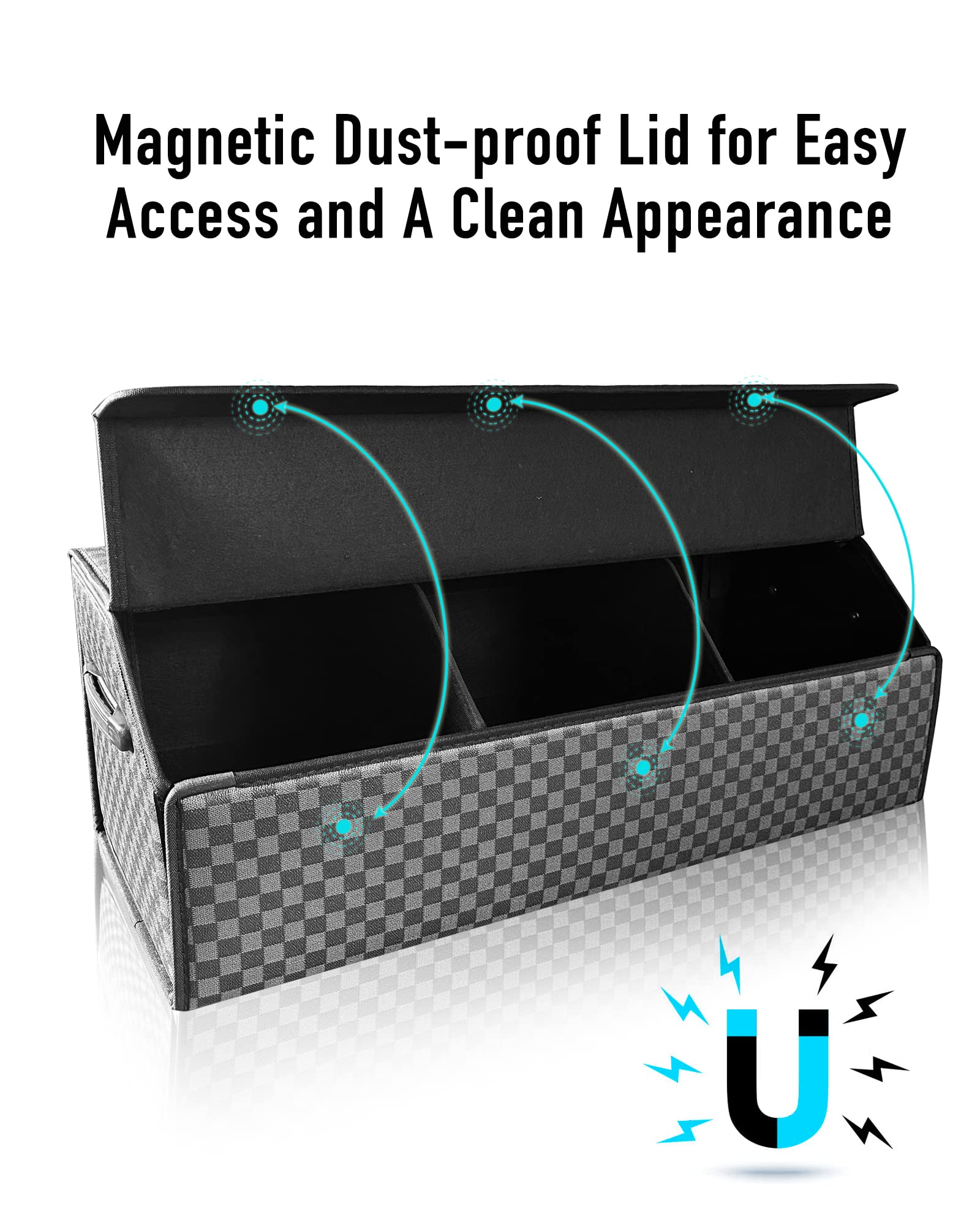 Fyzeoty Trunk Organizer For Suv - Leather Storage Box, Extra Large, Magnetic Lid, Collapsible And Adjustable Car Organizer