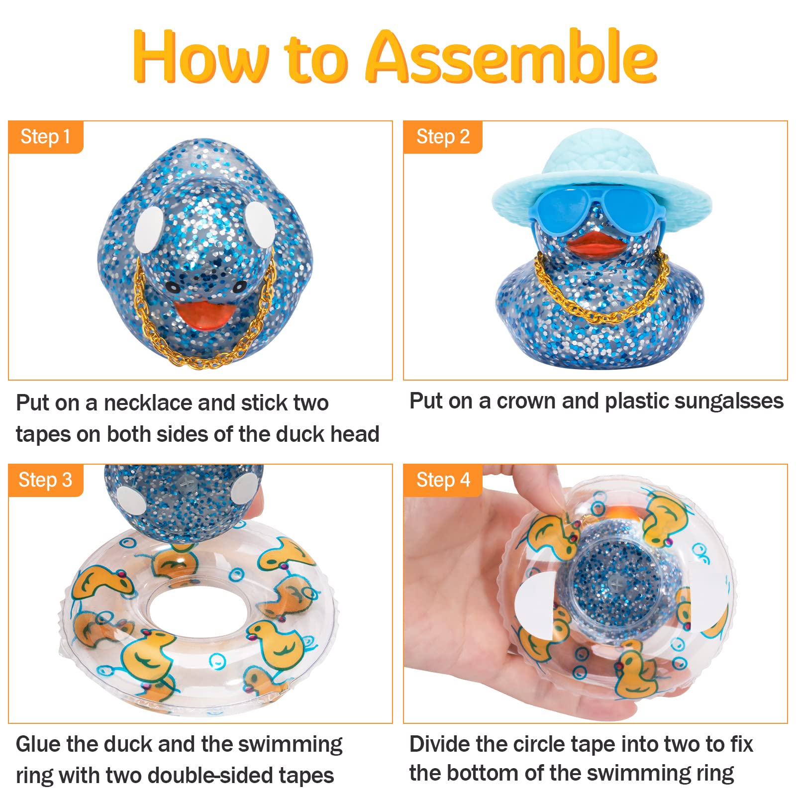 Wonuu Shining Rubber Ducks With Plastic Sunglasses Swim Ring Necklace Hat, Glittering Cute Car Accessories Car Decor Dashboard D