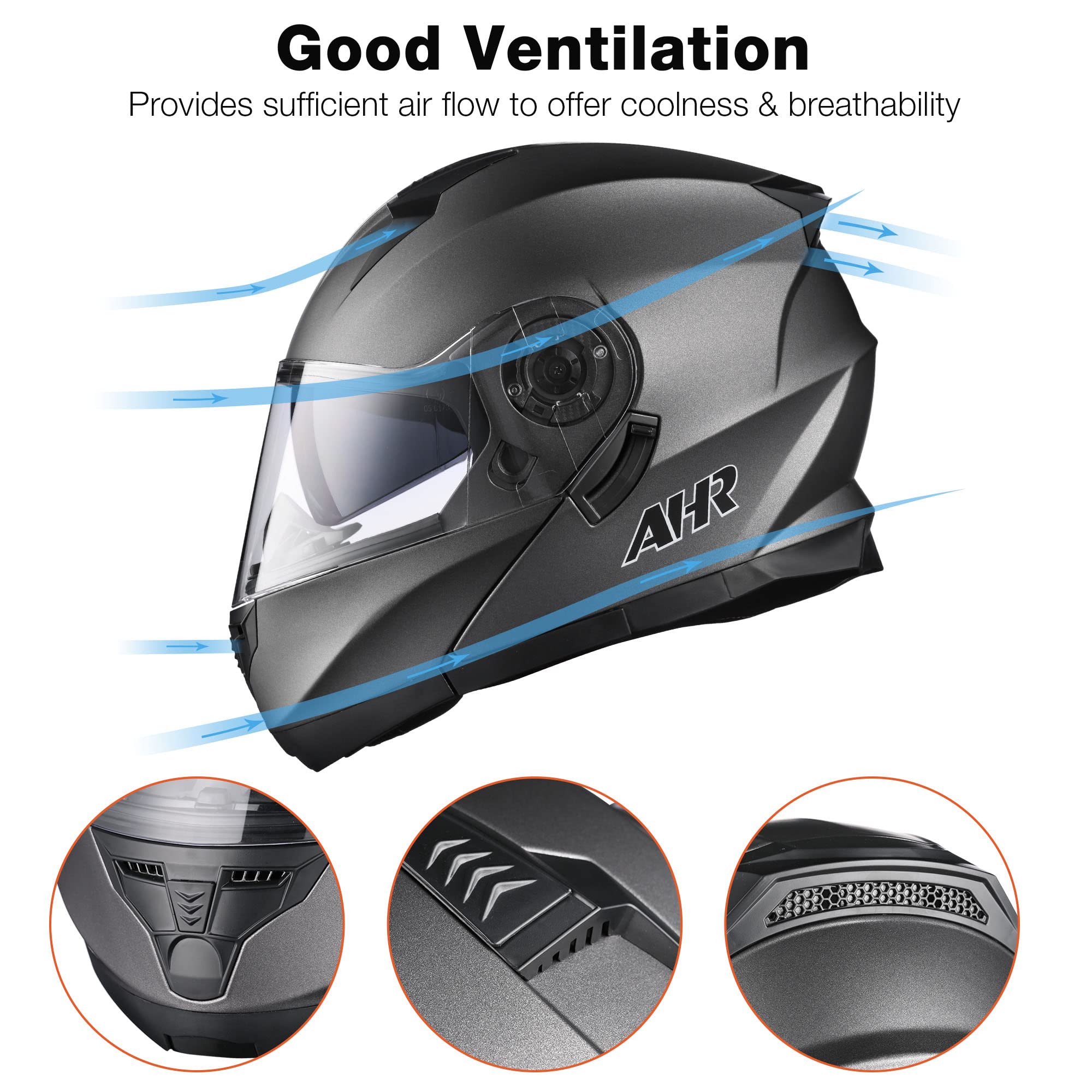 AHR Motorcycle Helmet Modular Full Face DOT Approved, Small, Dark Grey, Model RUN-M3, Durable ABS Material for Adult Motorbike Racing