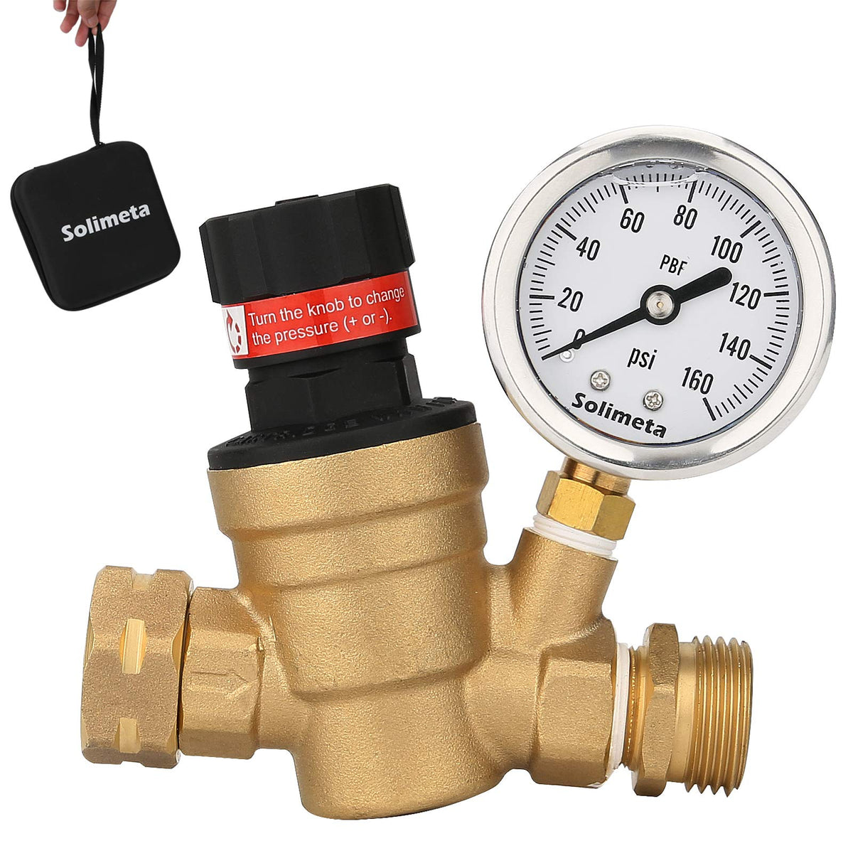 Solimeta Handle Adjustable Lead-Free Brass Rv Pressure Regulator, Pressure Reducer With Liquid Filled Pressure Gauge 160Psi And