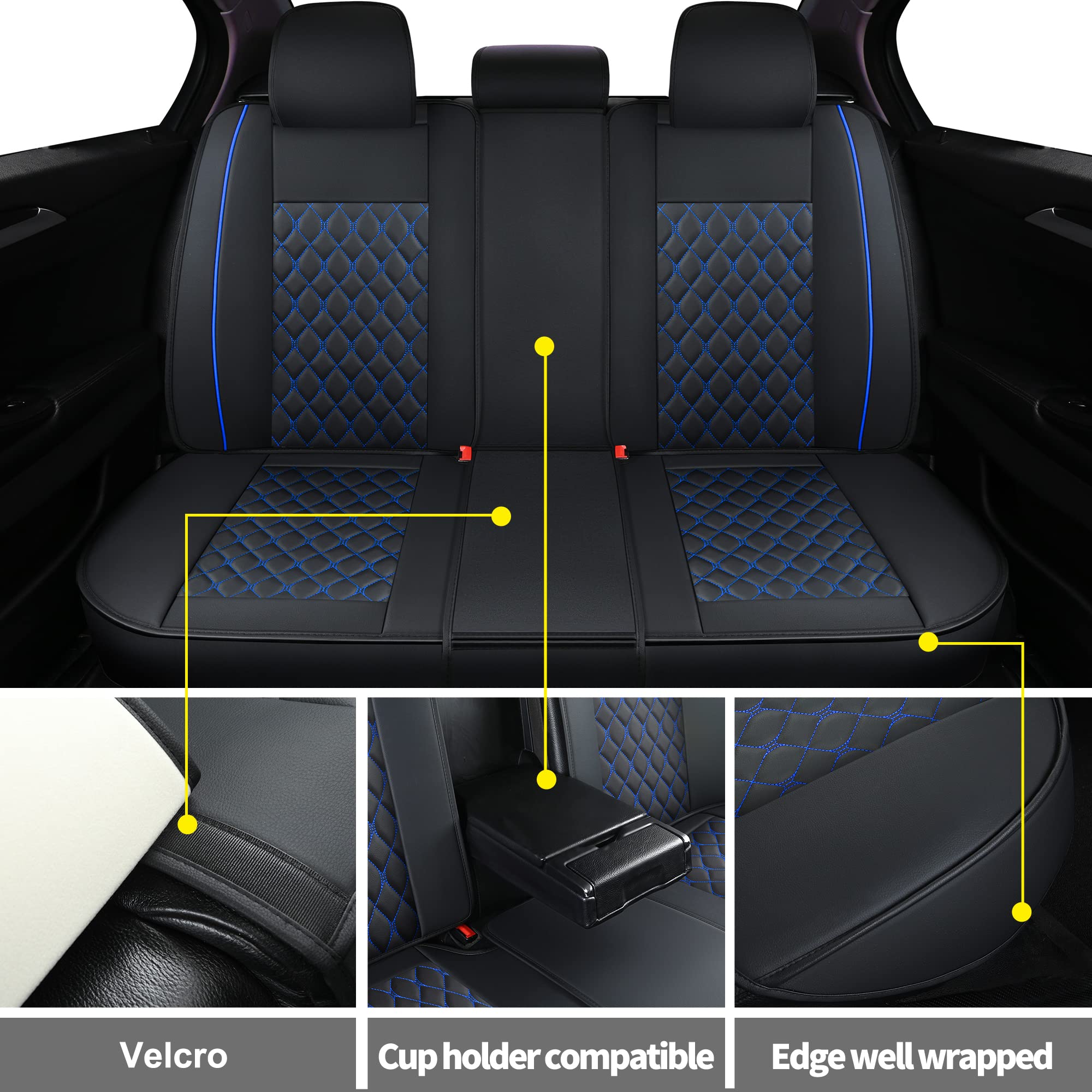 Leather Car Seat Covers Full Set,Universal Fit For Most Cars,Suv,Sedans And Pick-Up Trucks,Automotive Vehicle Faux Leather Cushion Covers For 5 Passenger Cars(Full Set,Black/Blue)