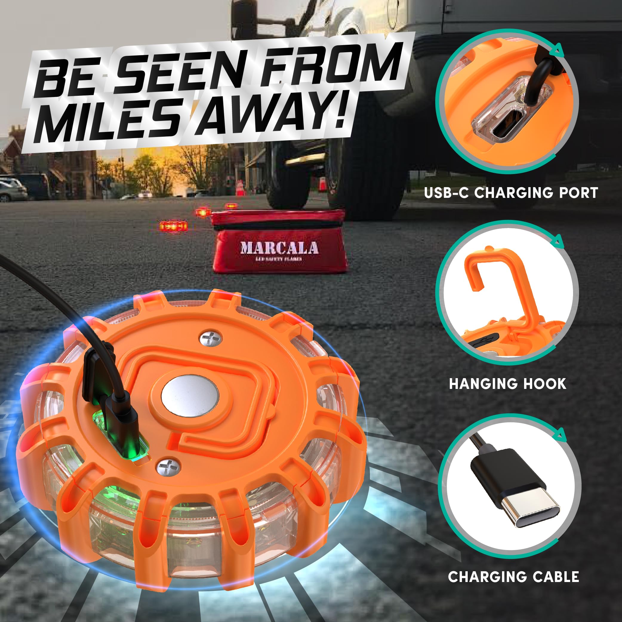 Marcala 4-Pack Rechargeable Led Emergency Road Flares | Large 1200Mah Battery For Longer Run Time | Red Diode Road Emergency Light For High Visibility | Rechargeable Led Flares W/Included Usb-C Cable