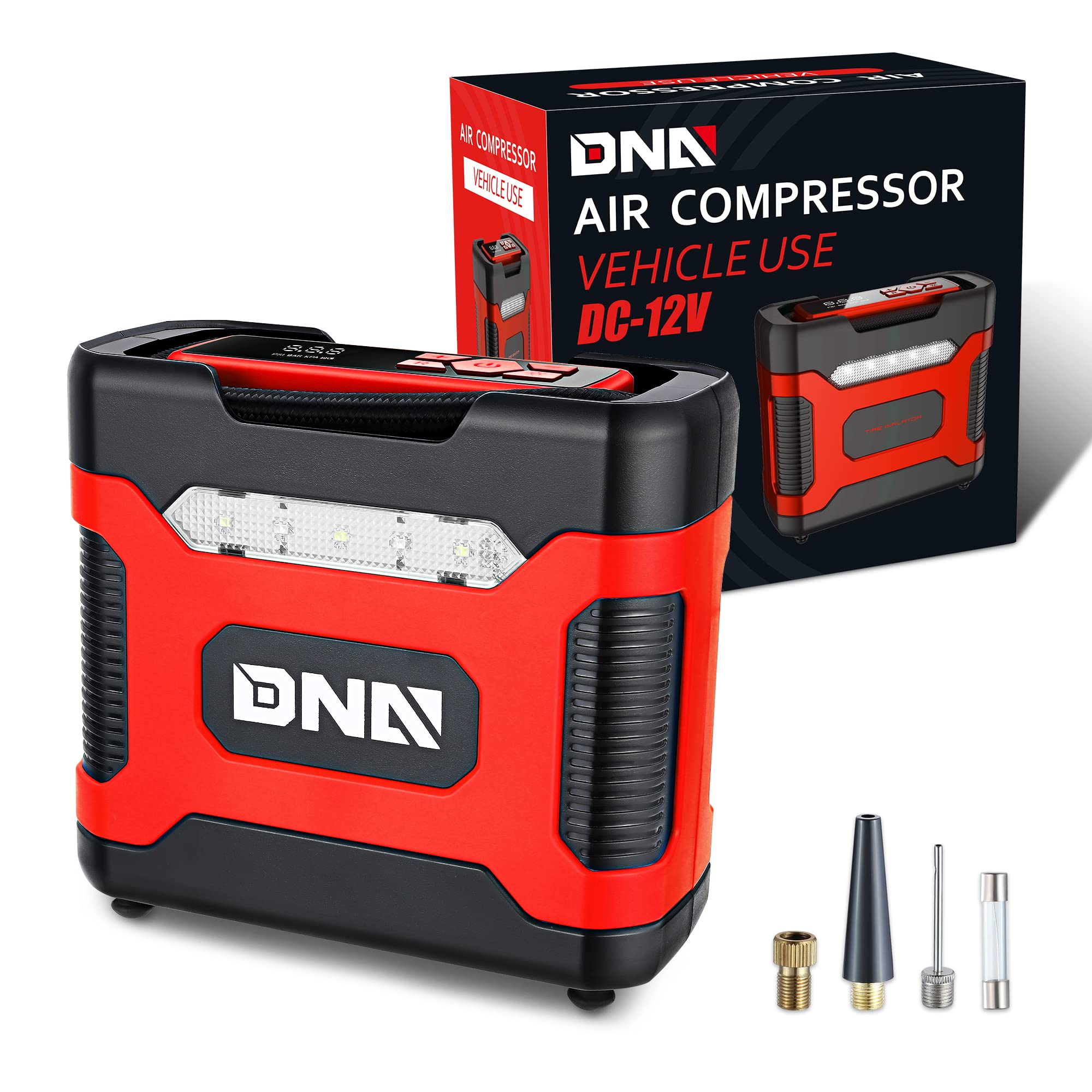 Dna Motoring Tools-00210 Red 12V Dc Digital Tire Inflator Portable Air Compressor With Pressure Gauge For Cars, Bicycles, Motorc