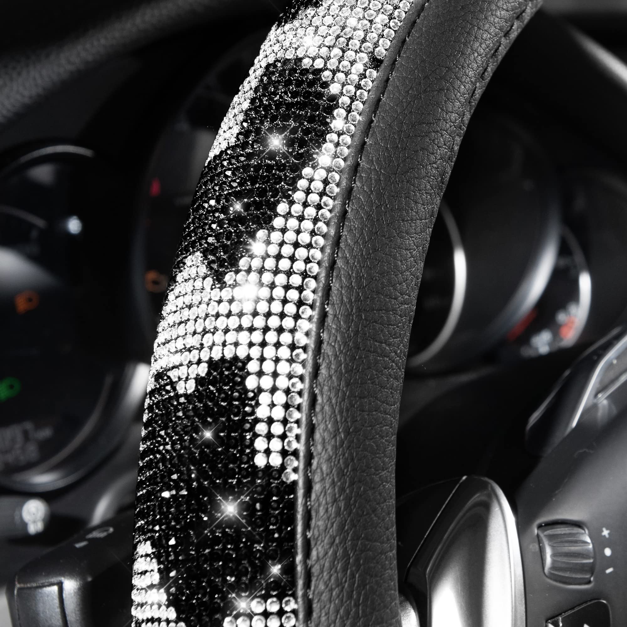 Car Pass Bling Cow Print Diamond Steering Wheel Cover, With Sparkly Crystal Glitter Rhinestones Black Leather Car Wheel Protect