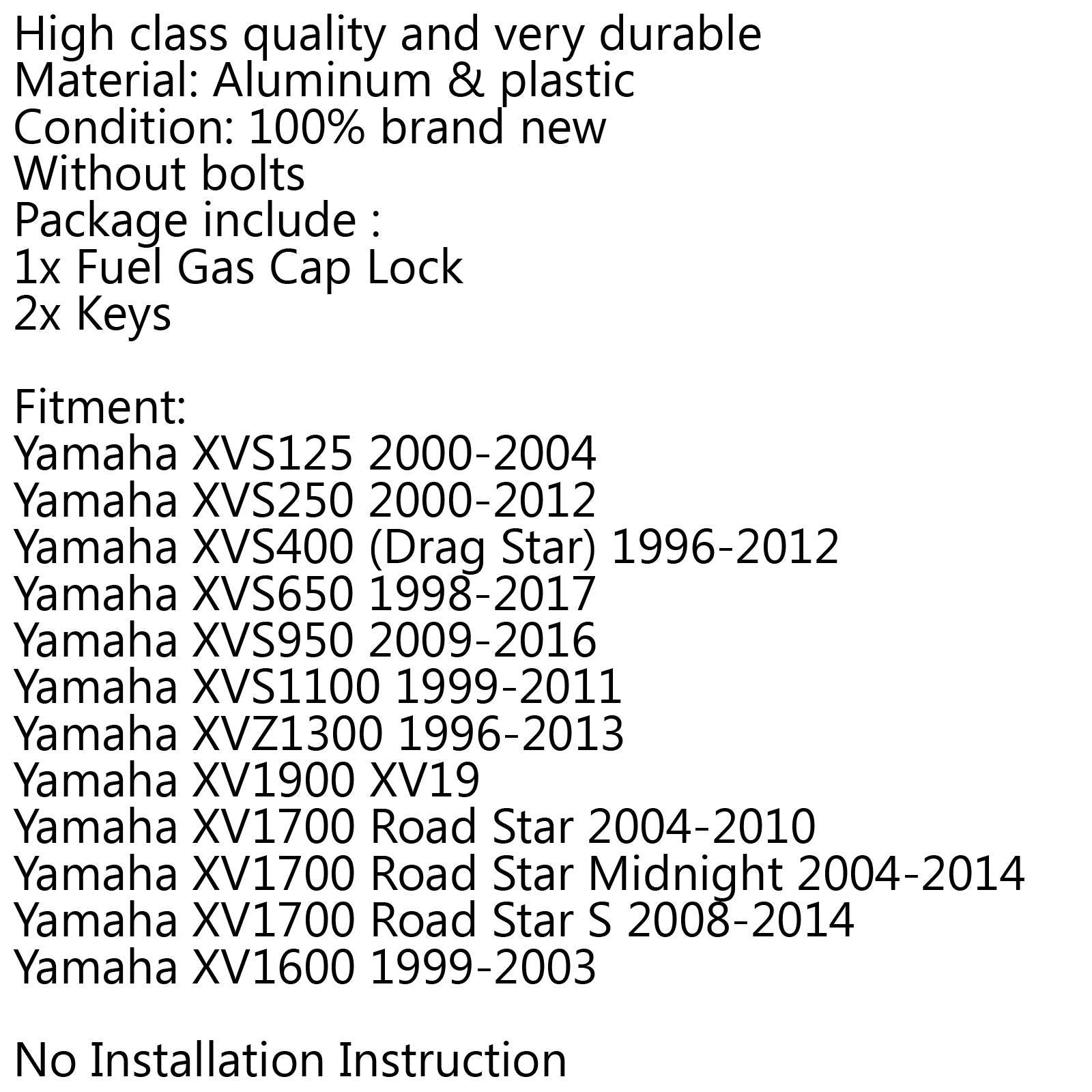 Areyourshop Fuel Gas Tank Cap With Keys For Yamaha Xvs125 Drag Star 2000-04, Xvs250/Drag Star 250/V-Star 250 2000-12, Xv1700 Road Star S 2008-2014, Xvz1300 Royal Star 1996-2013