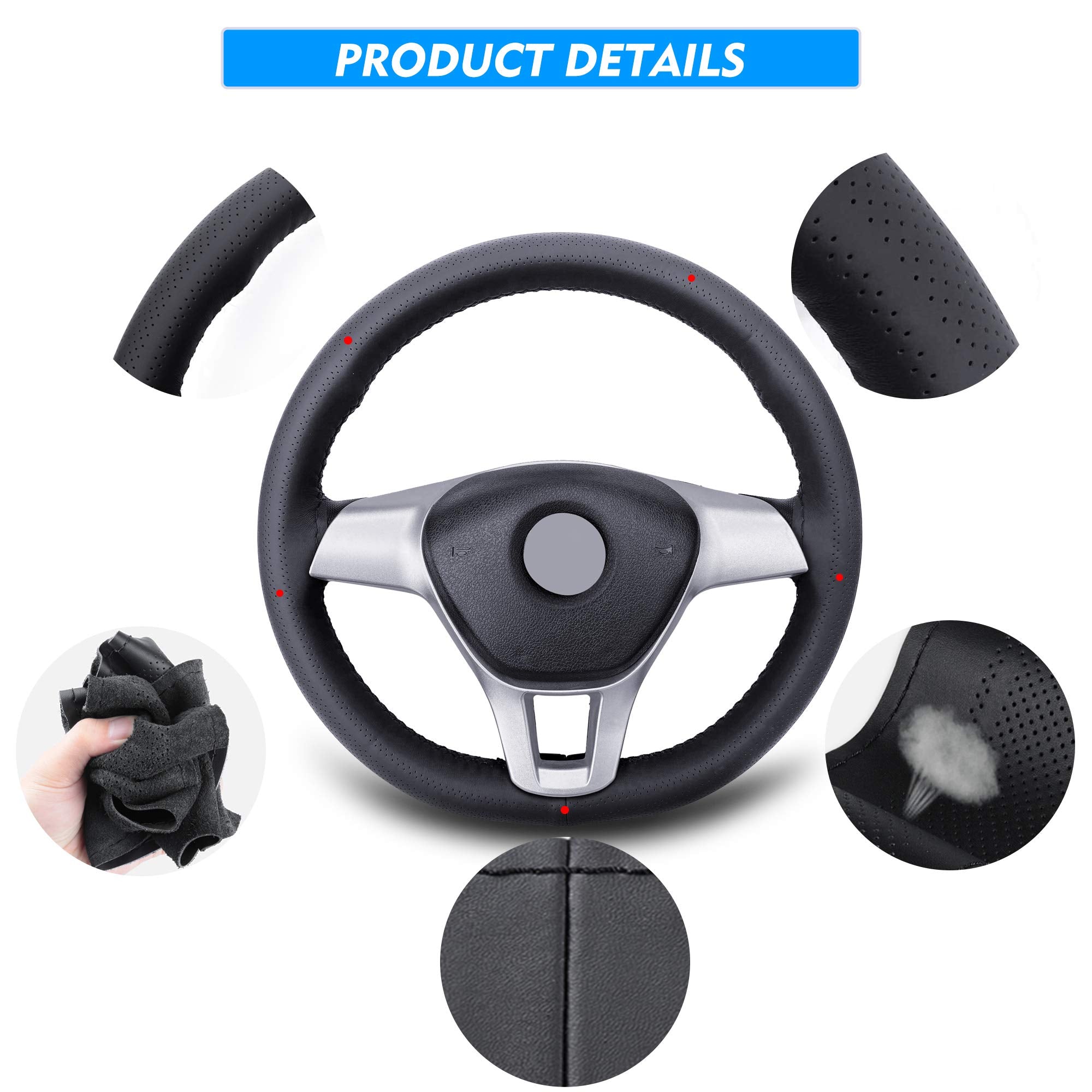 Carodi Leather Steering Wheel Cover, Breathable Non-Slip Design, Soft And Comfortable Feeling, Universal 15 Inch Auto Car Steeri