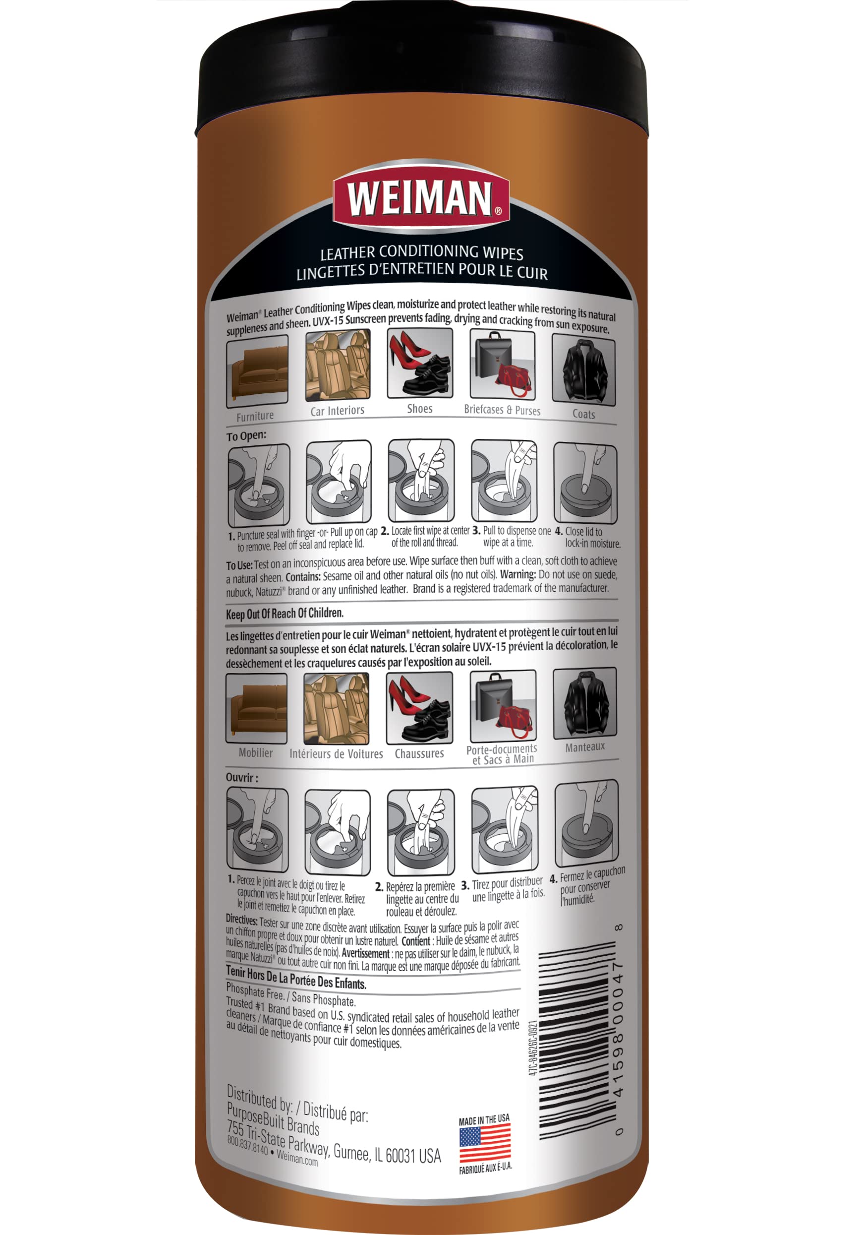 Weiman Leather Wipes - 6 Pack - Clean, Condition, Ultra Violet Protection Help Prevent Cracking Or Fading Of Leather Furniture, Car Seats And Interior, Shoes