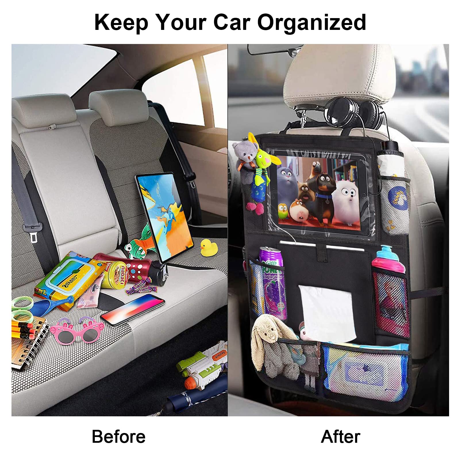 JUCAINHI Backseat Car Organizer 2 PCS - Black Storage with Touch Tablet Holder, Tissue Box, 8 Pockets & Charging Hole - Travel Essential for Kids