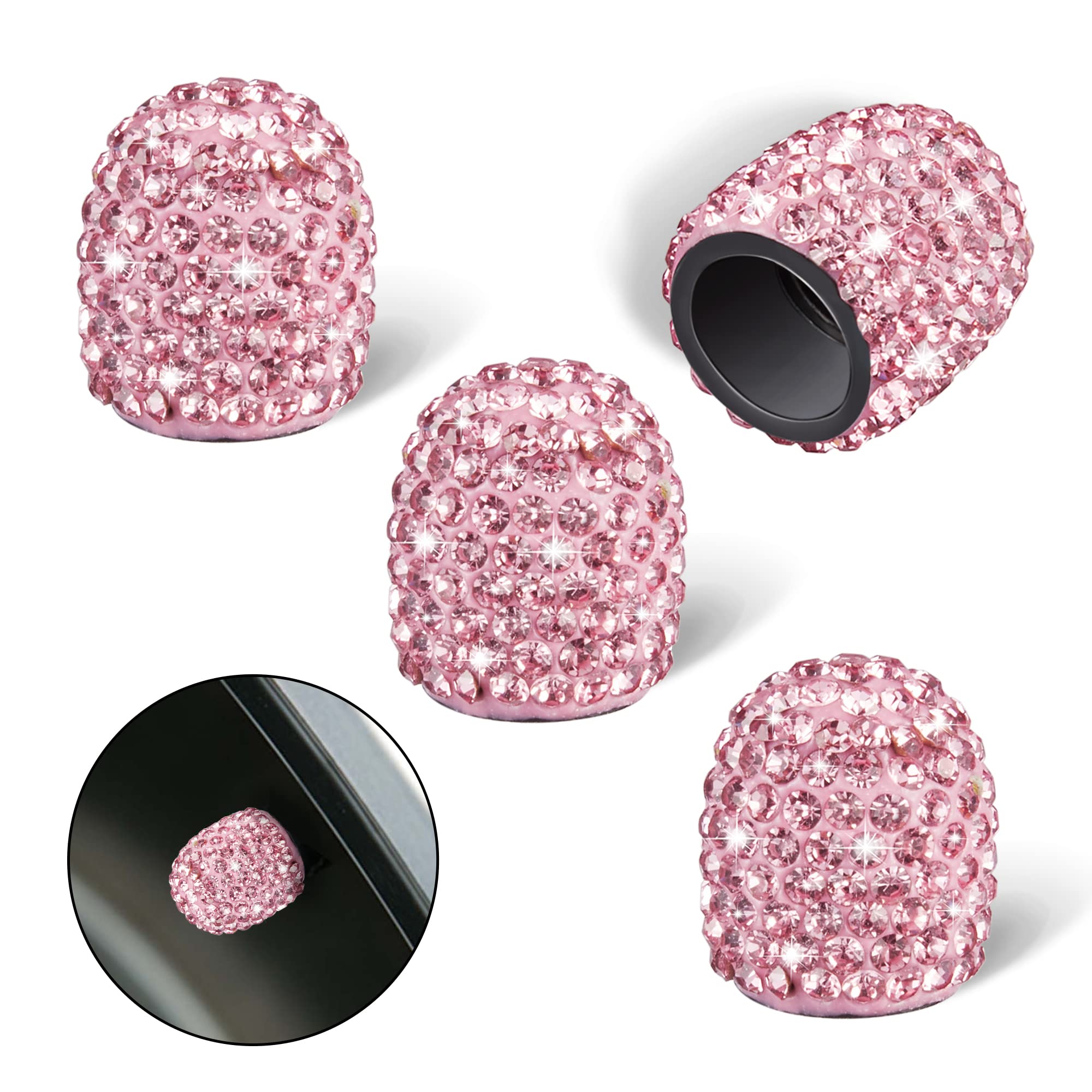 Winka Valve Stem Caps 4 Pack Handmade Rhinestone Universal Car Tire Valve Caps Dustproof And Waterproof Bling Car Accessories Pink