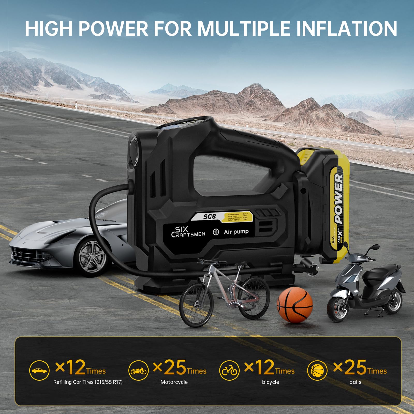 Six Craftsmen Tire Inflator Portable Air Compressor, 20V Cordless Car Tire Pump with LED Light&Gauge, 150PSI Automotive Car Acce