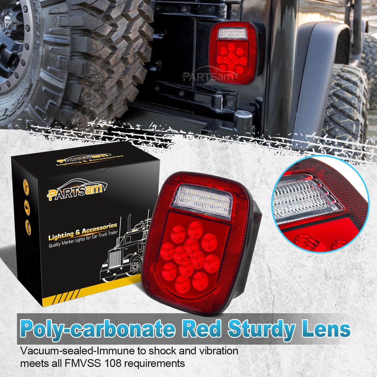 Partsam 2X Red/White 39 Led Stop Turn Tail Stud Lights Replacement For Jeep Cj Yj Jk Truck Trailer Boat Rv, Hardwired