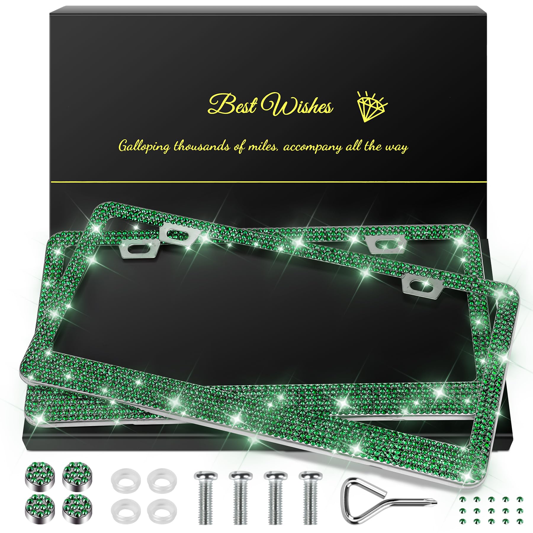 Quanqiufei 2 Pack Bling License Plate Frames For Women, Sparkly Rhinestone Diamond Car Accessories With Glitter Crystal Caps (Da
