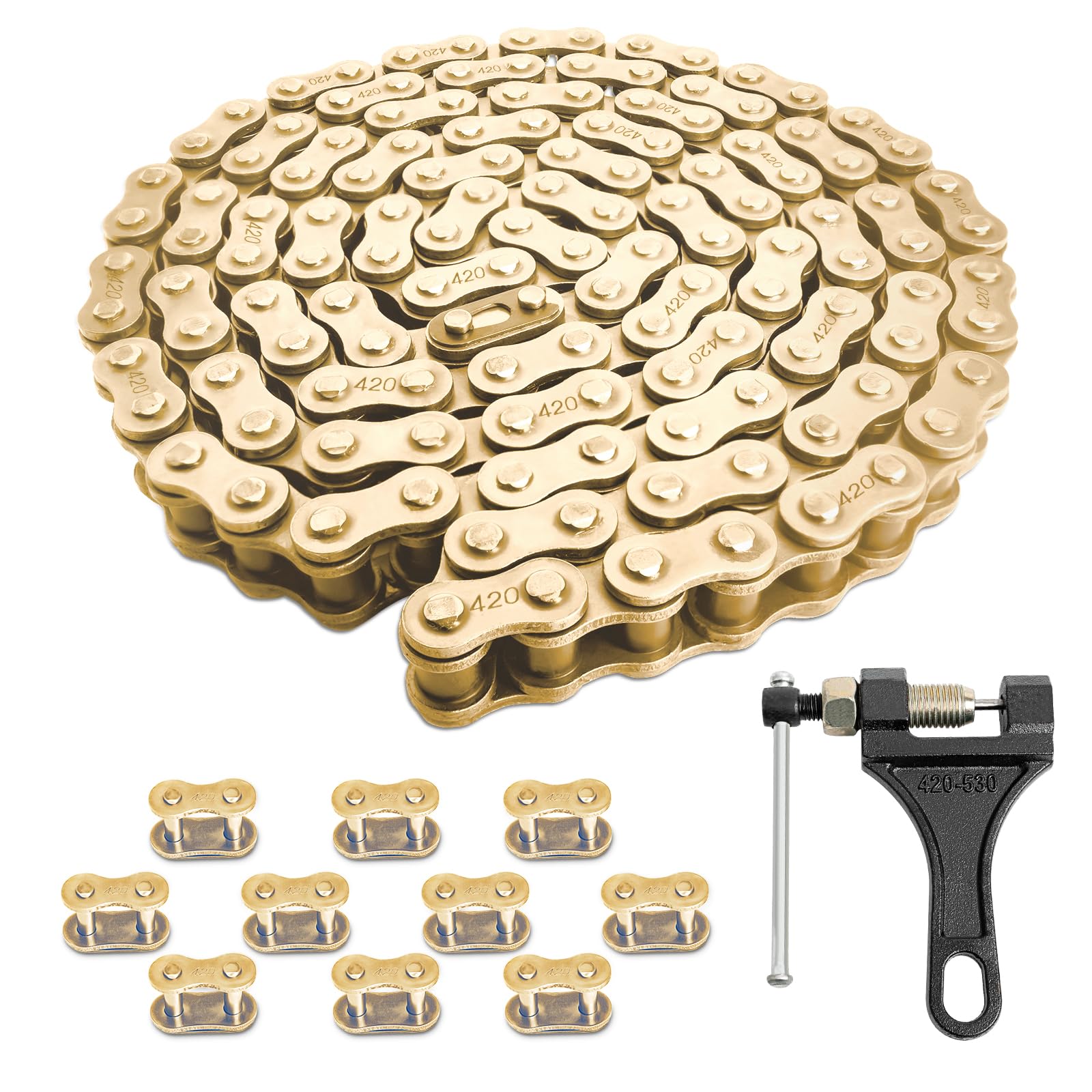 Belleone 420 Gold Motorcycle Chain 132 Links With Chain Breaker, 420 Standard Roller Chain With 10 Connecting Master Links Heavy