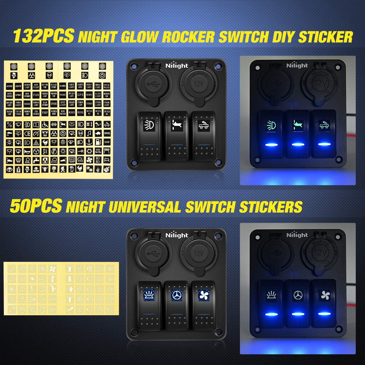 Nilight - 90115C 3 Gang Rocker Switch Panel Waterproof Pre-Wired Aluminum Switch Panel With Dual Usb Charger Socket & Cigarette