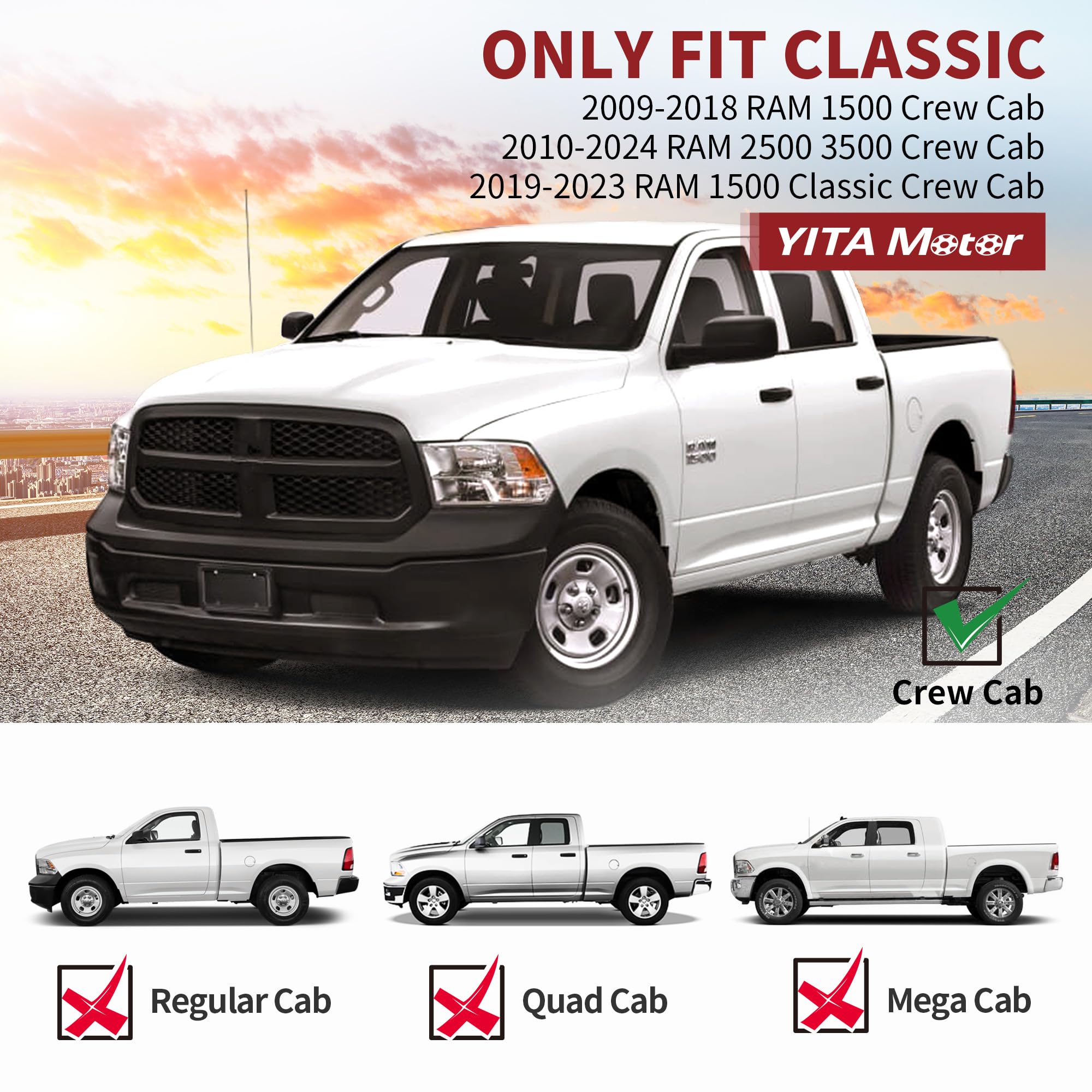 Yitamotor Drop Side Steps Compatible With 2009-2018 Dodge Ram 1500 & 2010-2024 2500 3500 Crew Cab, 2019-2024 1500 Classic, Off-R