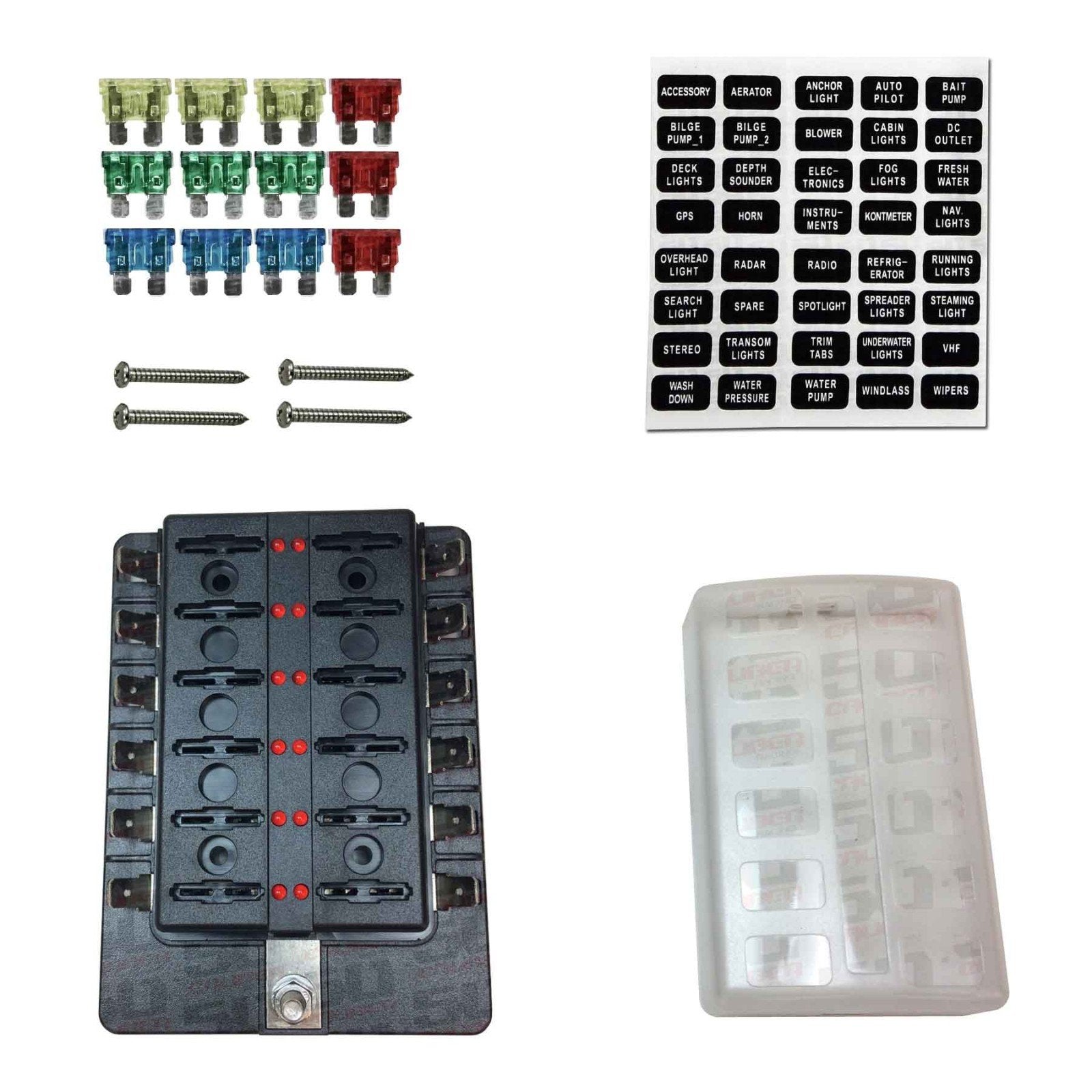 50 Caliber Racing Universal 12 Way 12V Blade Fuse Block with LED Indicators for Automotive, Marine, UTV - Black