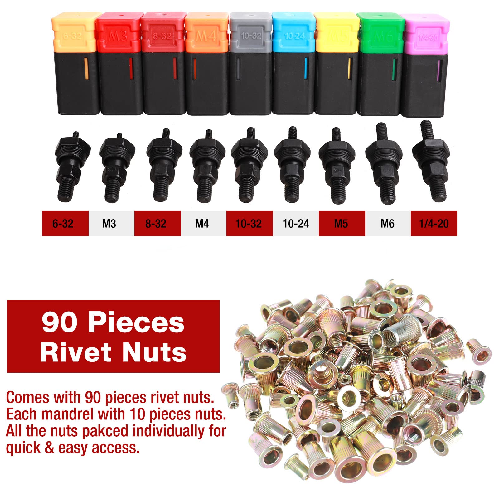 Aiuitio 8 Rivet Nut Tool, Rivnut Tool Kit With 9 Metric And Sae Mandrels, Nutsert Rivet Tool Set With 90Pcs Rivnuts, Sturdy Case Packed, Designed For Tight Space