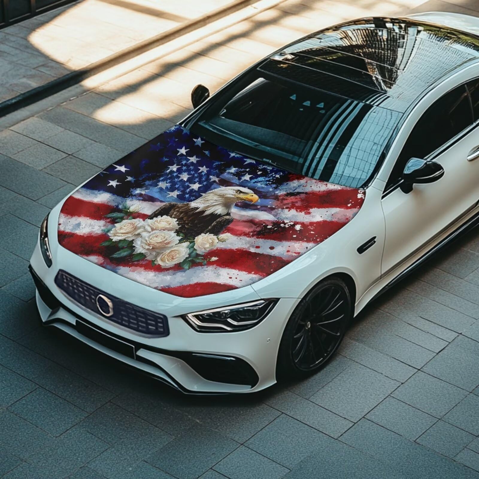 Bald Eagle Flower USA Flag Car Hood Cover Protector 59  39 Inch Stretchable Auto Hood Wrap Blankets Waterproof Sun Proof Auto Pa