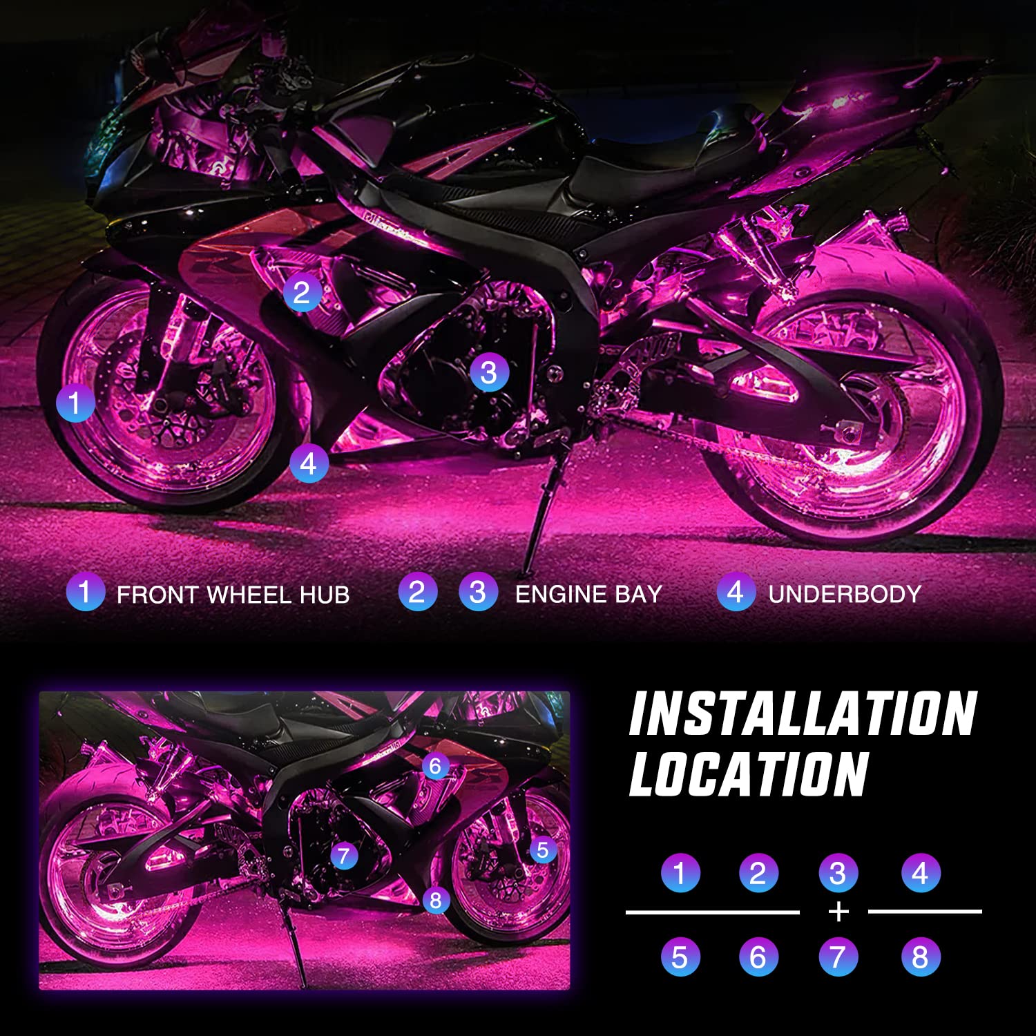 Nilight 8Pcs Motorcycle Rgb Led Light Kit Waterproof Multi Color Atmosphere Neon Accent App And Remote Control Underbody Strips