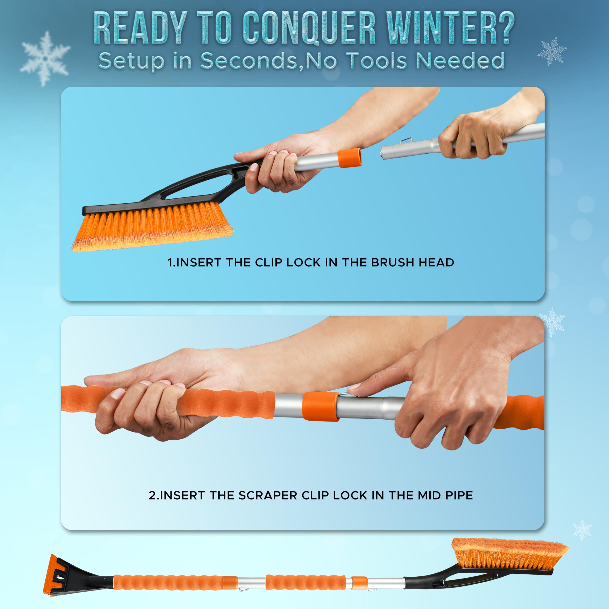 Econour 43'' Detachable Snow Brush And Ice Scraper For Cars | 3-Part Telescopic Snow Remover For Trucks And Suvs
