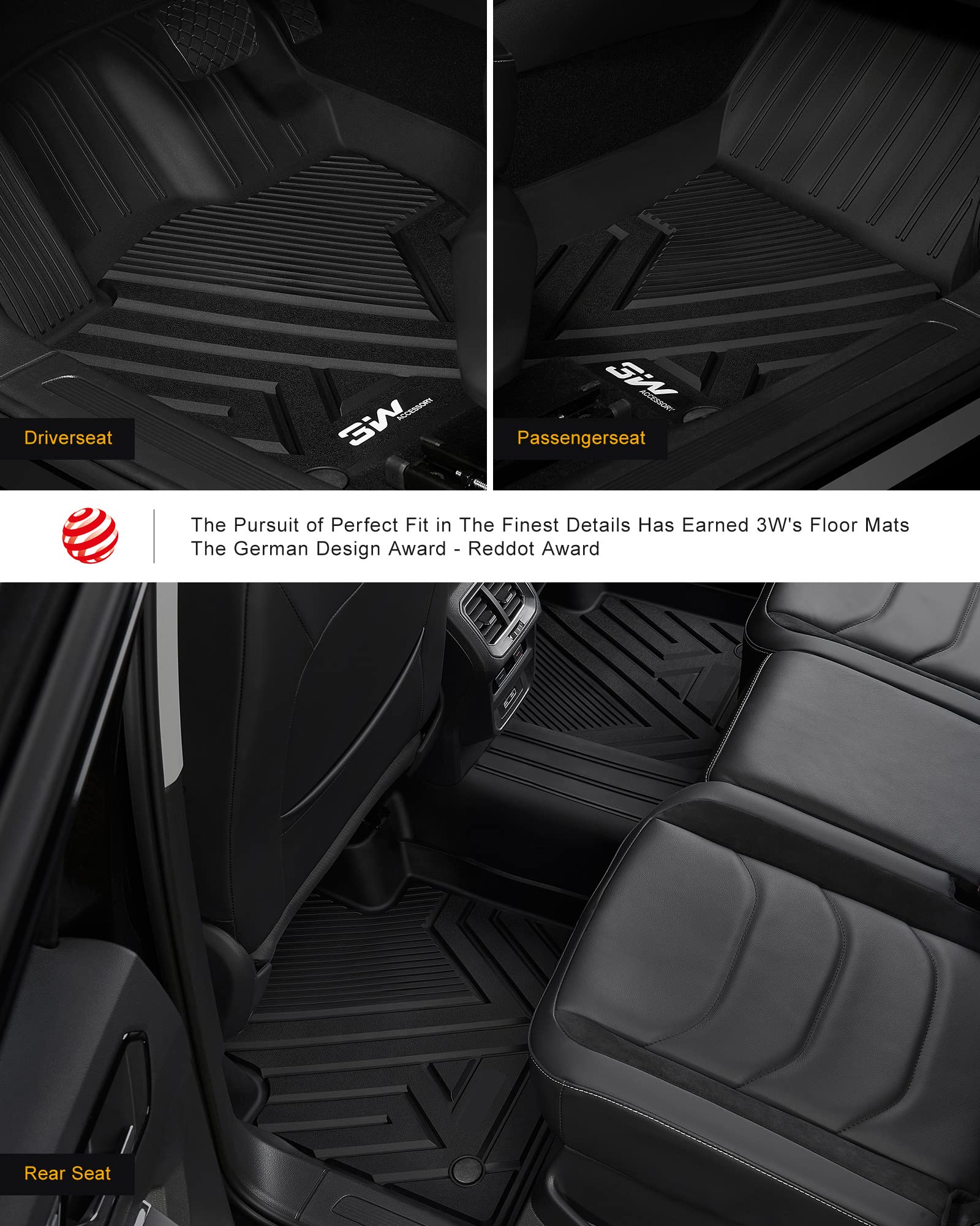 3W Floor Mats Compatible For Volkswagen Tiguan 2018-2024 All Models, Tpe Custom Fit All Weather Floor Liner 1St & 2Nd Row Full S