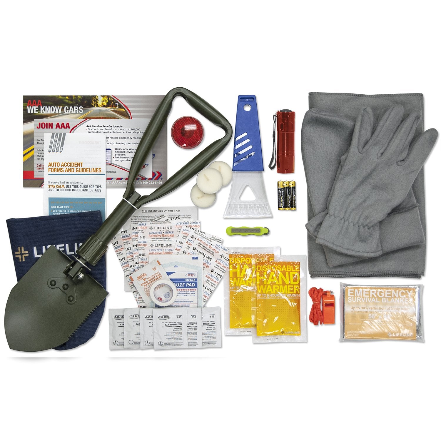 Lifeline 4390 AAA Severe Weather Emergency Road Safety Kit - 66 Pieces - Featuring Emergency Folding Shovel, Fleece Set, Fire St