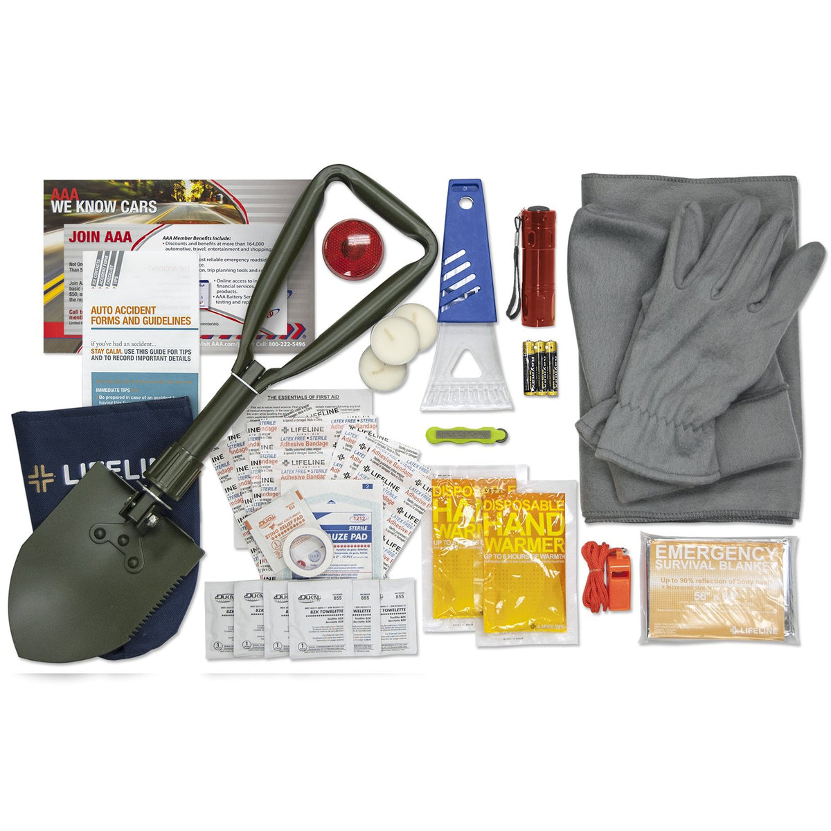 Lifeline 4390 AAA Severe Weather Emergency Road Safety Kit - 66 Pieces - Featuring Emergency Folding Shovel, Fleece Set, Fire St